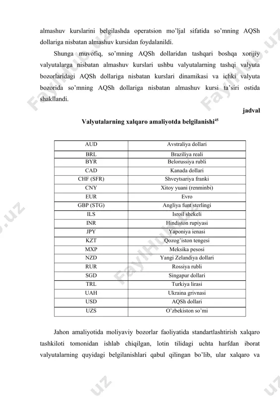 3 xarf bilan belgilanadi. bu xarflarni boshidagi 2-tasi mamlakatni, so’ngi 3-chisi esa valyuta nomini bildiradi. masalan, usd - aksh dollari, ya’ni us - ko’shma shtatlar, d - dollar yoki gbp - buyuk britaniya funt tserlinigi, gb - buyuk britaniya, p - (point) funt tserling va shu kabi. qavslar ichidagi valyutalarning belgilanishi swift tizimi foydalanuvchilari tomonidan qabul qilingan kodirovka bo’yicha amalga oshiriladi. qisqacha aytganda, banklar tomonidan foydalaniladigan mazkur axborot tizimi xizmat xabarlarining xavfsiz yetkazilishini ta’minlaydi. ba’zi bir davlatlarni milliy pul birliklarini, mazkur dalatlarda valyuta munosabatlari borasida mavjud va xarakatda bo’lgan qonun qoidalarga asosan, xorijga chiqishi va u erda muomalada bo’lishi chegaralanadi. shunga ko’ra, muomaladagi valyutalar turli maqomlarga, ya’ni erkin muomalada yuradigan, muomalasi qisman va butunlay cheklangan, yopik yoki ekzotik valyutalarga bo’linadi. ekzotik valyutalar toifasiga quvayt «dinori», grek «draxmasi» va shu kabilar kiradi. joriy konversion operatsiyalari uchun spot almashuv kursi qo’llaniladi. spot kursi joriy valyuta kursi hisoblanadi va u doimo gazetalar sahifalarida, …