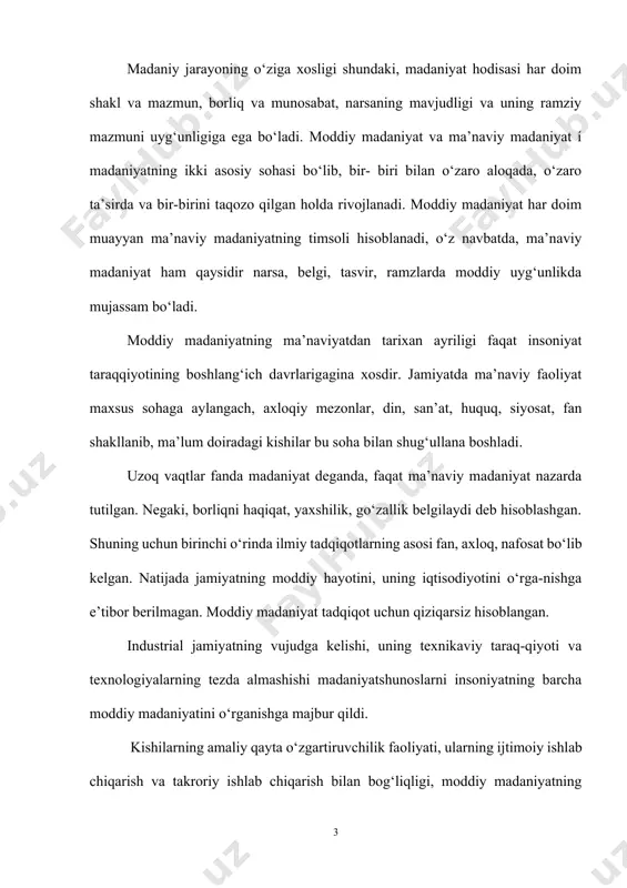 ning barchasi, shuningdek moddiy madaniyatning bu qismi ishlab chiqarish madaniyati yoki jamiyat hayotining moddiy texnikasi asosi deb ataladi. ishlab chiqaruvchi texnika madaniyatining maxsus qismini ishlab chiqarish texnologiyalari, mehnat faoliyatida ishtirok etuvchilarning ijodiy ko‘lami, ularning texnik bilimi, ishlab chiqarish madaniyati, jismoniy va ruhiy imkoniyatlari tashkil qiladi. moddiy madaniyatning ikkinchi sohasi ijtimoiy hayot va uning barcha tarmoqlarining me’yoriy harakatini ta’minlovchi ko‘plab ijtimoiy institutlar, tashkilot va muassasalar faoliyati bilan bog‘liq. turli hokimiyat tuzilmalari va tegishli boshqaruv shakllari, ijtimoiy tashkilotlar, ta’lim, yosh avlodni tarbiyalash va ta’lim berish, sog‘liqni saqlash va dam olish, ko‘ngil ochar muassasalar tizimi kabi barcha ijtimoiy institutlar amalda jamiyat madaniyatini saqlaydi, o‘zgartiradi va qayta shakllantiradi. moddiy madaniyatining uchinchi sohasi (ishlab chiqaruvchi va qayta ishlab chiqaruvchi) insonning o‘zi hisoblanadi. moddiy madaniyatning bu sohasi nafaqat insoniyatni shunchaki biomav-judotlik muammolarini, balki avlodlarning o‘zaro munosabatlari muammolarini ham tadqiq etadi1. inson ulg‘ayishi asnosida boshqa jamiyat madaniyati a’zosi sifatida shakllanishi mumkin. insonning ikki, ba’zan undan ham ko‘proq …