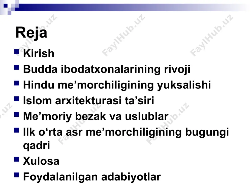 pdi. ma’badlar qurilishi: chennakeshava, khajuraho yodgorliklari hindu ibodatxonalarining qurilishi o’zining eng yuqori cho’qqisiga milodning viii-xii asrlarida erishdi. bu davrda hindistonning turli hududlarida monumental ibodatxonalar qurildi, ular nafaqat diniy, balki madaniy va iqtisodiy markazlar sifatida ham xizmat qildi. chennakeshava ibodatxonasi (xii asr, karnataka) dravidiy uslubining muhim namunalaridan biridir. hoysala sulolasi tomonidan qurilgan bu ibodatxona o’zining murakkab tosh o’ymakorligi bilan mashhur. islom arxitekturasining ta’siri: g‘aznaviylar va dehli sultonligi davri me’morchiligi islom arxitekturasi o‘zining dastlabki rivojlanish bosqichlarida fors, vizantiya va hind madaniyatlarining elementlarini o‘zlashtirib, o‘ziga xos estetik va funksional uslubni shakllantirdi. g‘aznaviylar davri (977–1186-yillar) bu jarayonda muhim o‘rin tutadi, chunki ular islom me’morchiligini markaziy osiyo va hindiston yarimorolida kengaytirishga xizmat qildi. g‘aznaviylar me’morchiligi diniy va dunyoviy inshootlarda o‘z aksini topdi, ularda monumental hajm va nozik bezaklar uyg‘unlashdi. me’moriy bezak va uslublar islom me’morchiligida bezak san’ati alohida o‘rin tutadi, chunki u inshootlarning estetik qiymatini oshirish bilan birga, diniy va falsafiy ma’nolarni ham ifodalaydi. tosh …