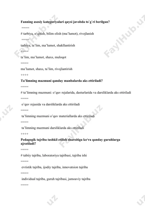 di? ==== # faoliyatni pedagogik jihatdan to‘g‘ri uyushtirish asosida ==== faoliyatni ilmiy jihtdan to‘g‘ri tashkil etish orqali ==== faoliyatni izchil va doimiy nazorat qilish asosida ==== faoliyatda shaxsga maxsus ko‘rsatmalar berish orqali ++++ o`quvchilar tomonidan tashkil etiladigan faoliyatning asosiy turlarini ko‘rsating: ==== # o‘yin, o‘qish, mehnat ==== mehnat, sport, muloqot ==== o‘qish, mehnat, sport ==== o‘yin, o‘qish, o‘z-o‘ziga xizmat ++++ ko‘nikma nima? ==== # shaxsning muayyan faoliyatni tashkil eta olish qobiliyati ==== ongli xatti-harakatning avtomatlashtirilgan shakli, faoliyatning tarkibiy qismi ==== faoliyat negizida amalga oshiriladigan xatti-harakatlar ==== bilimning yetarlilik darajasi ++++ malaka bu: ==== # ongli xatti-harakat, faoliyatni bajarishning avtomatlashgan shakli ==== mehnat qilish jarayonida hosil bo‘lgan ko‘nikmalar natijasi ==== bililarning amalda bir necha bor qo‘llanilishi ==== inson tomonidan uzoq yillar davomida o‘zlashtirilgan bilimlar majmui ++++ ko‘nikma va malakalarni shakllantirishda asosiy bo‘lgan metod – bu... ==== # amaliy mashq ==== namoyish ==== suhbat ==== pedagogik kuzatish ++++ pedagogikada qabul qilingan yosh …