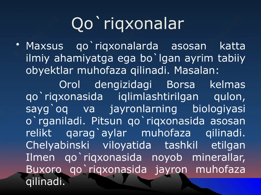 yong`oq, xandon pista, qayin, jirg`anoq) hamda hayvonlar (tog` takasi, oq tirnoqli ayiq, to`ng`iz, tulki, menzbir sug`uri, qor qoploni) muhofaza qilinadi. vardanza. buxoro viloyatining shofrikon o`rmon xo`jaligi hududida1955-yil 324 gektar. qumli cho`l landshafti va u yerdagi o`simlik-hayvonlar hamda tarixiy yodgorlik-vardanza shahar xarobalari muhofaza qilinadi. qizilqum qo`riqxonasi buxoro viloyatiga qarashli amudaryoning o`ng sohilida 1971-yil. 3500 gektar. to`qay va cho`l landshafti undagi o`simlik va hayvonlar (buxoro bug`usi-xongul, to`ng`iz, qirg`ovul) muhofaza qilinadi. bodayto`qay qo`riqxonasi. qoraqalpog`istonga qarashli quyi amudaryoning o`ng sohilida 1971-yil. 6500 gektar. amudaryo qayirlaridagi to`qay landshafti va u yerdagi hayvonlar (xiva qirg`ovuli, to`ng`iz, bo`rsiq, quyon, olachipor, qizilishton, buxoro bug`usi) muhofaza qilinadi nurota, 1975- yilo`zbekistonda, nurota tog`larining markaziy qismida, 400 —2000 m mutlaq balandliklarda, umumiy maydoni 22135 ga. past va o`rtacha balandlikdagi tog` lar relyefikontinental, quruq va issiq. o`rtacha yillik harorat + 15,2°c, yanvarda—1,8°c, iyulda +29,4°c. yog`in miqdori 250-550 mmbir qator hayvonlar turi, qizilqum qo`yi, jayra, burgut, qirg`iy, echkemar, qora grif, ilonxo`r va boshqalar, …