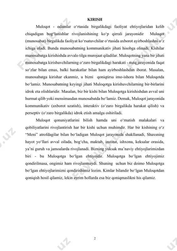 da esa biz qoniqmaslikni his qilamiz. 1. ijtimoiy munosabatlarda nutq va uning ahamiyati nutq – inson tomonidan ijtimoiy-tarixiy tajribani oʻzlashtirish, avlodlarga uzatish yoki aloqa oʻrnatish, oʻz shaxsiy harakatlarini rejalashtirish va amalga oshirish maqsadida tildan foydalanish jarayoni. nutq. axborot, xabar, maʼlumot va yangi bilim berish, aqliy topshiriqlarni yechish faoliyatidan iborat. agar til aloqa vositasi boʻlsa, nutq aynan shu aloqa jarayonlarining amalga oshirilishidir. nutq rivojlanishi davrlari quyidagicha: 1) 2 oydan 11 oygacha; 2) 11 oydan 19 oygacha; 3) 19 oydan 3 yoshgacha. nutq verbal va noverbal turkumdan iborat. noverbal nutq turli imo-ishora, mimika, pantomimika, exologik, signifikatsiya, daktilogik (barmoq nutqi) koʻrinishlarga ega. verbal nutq ogʻzaki, yozma, monologik, dialogik, polilogik, tashqi, ichki, ekspressiv, impressiv, lakonik (yigʻiq), epik (yoyiq), affektiv turlarga boʻlinadi. tilning (orfografik, fonetik, morfologik, sintaksistik, orfoepik, lingvistik, fleksiv va boshqa) qonuniyatlariga asoslangan holda mazmun-mohiyatni uzluksiz, tadrijiy ravishda axborotga aylantiruvchi nutq turi yozma nutq deyiladi. pauza, mantiqiy urgʻu, temp, tembr, chastota, ritmika va boshqa …