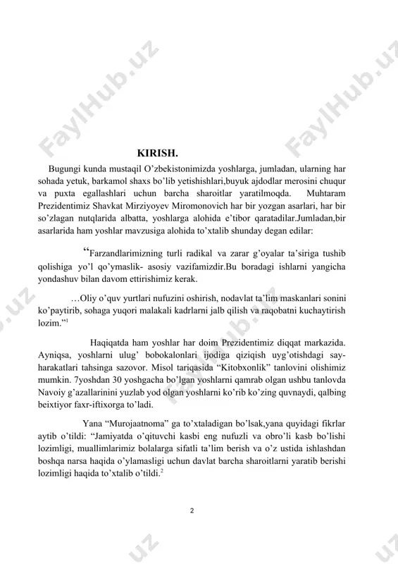 narsa haqida o’ylamasligi uchun davlat barcha sharoitlarni yaratib berishi lozimligi haqida to’xtalib o’tildi.2 prezidentimizning yuqoridagi barcha fikrlaridan ham bilishimiz mumkinki, yoshlar har doim davlatning diqqat markazida. davlat xizmatchilari [footnoteref:1] [1: mirziyoyev sh. niyati ulug’ xalqning ishi ham ulug’, hayoti yorug’ va kelajagi farovon bo’ladi. iii tomlik. ii tom.o’zbekiston n. 2019-y. 156-bet 2.mirziyoyev sh. murojaatnoma-2021. qisqacha tafsilotlar. www.sputniknews.uz. ] bo’lgan shaxslar xoh u o’qituvchi bo’lsin xoh boshqa kasb egasi barcha birday yoshlar tarbiyasi uchun birday mas’uldir. inson hech qachon xotirasiz yashay olmaydi. birinchi prezidentimiz islom abdug’aniyevich karimov ham buni anglgan holda “tarixiy xotirasiz kelajak yo’q” degan edilar. haqiqatda ham biz ayniqsa, adabiyotimizni boyitgan ulug’ shaxslar- alisher navoiy, bobur, mashrab singari shaxslarni o’qimay, o’rganmay ilojimiz yo’q. bularning safini yana uzundan uzoq davom ettirishimiz mumkin. ayniqsa, navoiy ijodi o’zining mazmumi, hajmi, inson ruhiyatiga ta’siri bilan alohida ajralib turadi. muhtaram prezidntimiz shavkat miriyoyev joriy yilda alisher navoiy tavalludining 580 yilligini munosib nishonlash uchun mas’ullarga …