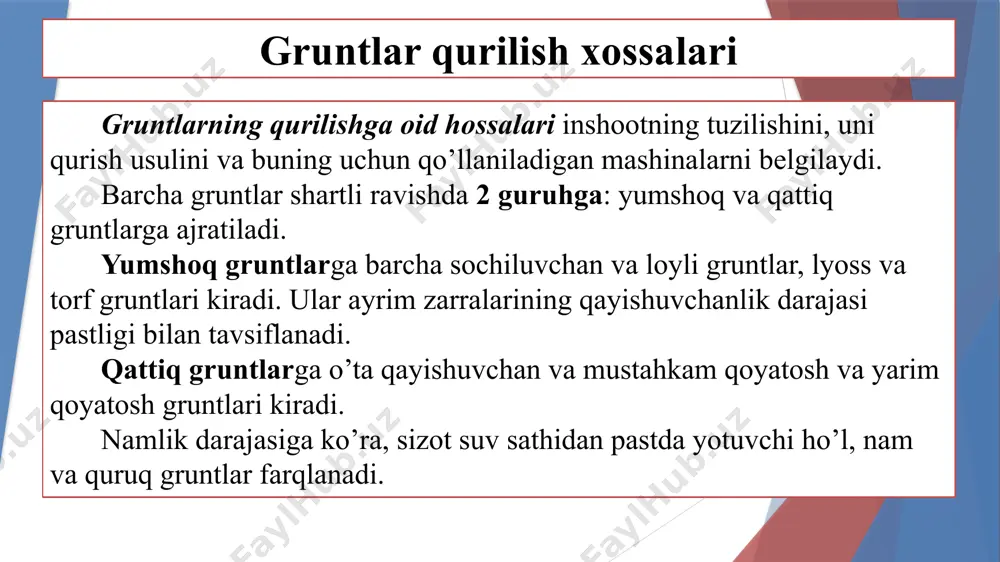 3 gruntning kilogrammlarda ifodalangan og’irligiga aytiladi. misol uchun: shag’alning hajmi og’irligi 1,8-2,0 t/m3; qumoq tuproqniki 1,5-1,8 t/m3; loyniki 1,7-2,0 t/m3 gruntning bog’lanuvchanligi deb gruntning zarralarini bir-biridan ajratishga intilgan kuchga gruntning qarshilik ko’rsatish qobiliyatiga aytiladi. gruntning bog’lanuvchanligi gruntning bir zarrasi ikkinchi bilan qanday kuch bilan bog’lanib turishini ko’rsatadi. grunt zarralarining bog’lanish darajasi tabiiy qiyalik burchagi bilan aniqlanadi. bu burchak gruntning mexanik xossalari va namligiga qarab o’zgaradi. misol uchun shag’alning quruq va nam holidagi qiyalik burchagi 40 grad. ho’l holida esa 35 grad. gidromeliorativ qurilishda gruntlar qurilish xossalari gruntni tabiiy qiyalik burchagi deb grunt sochilib (yoyilib) ketmaydigan qiyalik yuzasi bilan gorizontal tekislik orasidagi burchakka aytiladi. gruntning namligi absolyut quruq holatidagi (105 grad.gacha quritilgan) grunt tarkibidagi suvni uning og’irligiga yoki hajmiga nisbatan foizda ifodalangan miqdorini bildiradi. grunt quruq, nam (yumshoq) va xo’l (suyuq) holatda bo’lish mumkin. g’ovaklarini 40 foizidan kam qismi suv bilan to’lgan grunt quruq grunt, 40-80 foiz qismi suv bilan to’lgan …