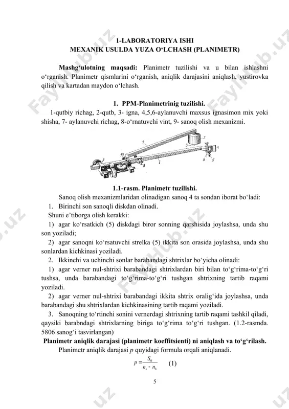 saqlanadi. nazorat savollari. 1. sanoq olish mexanizmlaridan sanoqlar qanday olinadi. 2. planimetr aniqlik darajasi qanday aniqlanadi va yustirovka qilinadi. 3. planimetrda yuzani hisoblash qanday amalga oshiriladi? 2-laboratoriya ishi teodolit tuzilishi va uning asosiy qismlarini o‘rganish. teodolitni ishchi holatga keltirish mashg‘ulotning maqsadi: teodolit tuzilishini, uning asosiy qismlarini va u bilan ishlashni o‘rganish. 2t30 teodoliti va uning qismlari. teodolit – bu optik asbob bo‘lib, u gorizontal va vertikal burchaklarni, shuningdek masofalarni o‘lchashga mo‘ljallangan. masofalar o‘rtacha nisbiy xatoligi 1/300 bo‘lgan ipli masofa o‘lchagich (dalnomer) yordamida o‘lchanadi. mazkur xatolikda masofa o‘lchashga faqat tafsilot syomkasida yo‘l qo‘yiladi. teodolit yo‘lini qo‘yish orqali planiy-balandlik geodezik asosini yaratish uchun va yirik masshtablarda joyning syomkasini amalga oshirishda t30 tipidagi texnik teodolit qo‘llanilishi mumkin. 2.1 – rasmda 2t30п optik teodoliti ko‘rsatilgan va uning alohida qismlari va vintlarining nomlari keltirilgan. 2.1 – jadvalda uning xarakteristikasi keltirilgan. 2.1-jadval 2t30п teodolitining asosiy xarakteristikasi parametrlarning nomlanishi qiymati bitta priyom bilan burchak o‘lchashda o‘rtacha kvadratik …