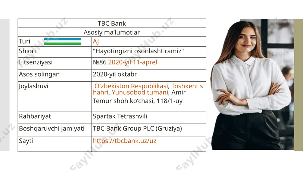 sifatini yanada yaxshilashga va foydalanuvchilarga innovatsion raqamli xizmatlarni taqdim etishga yordam beradi”, — deya izoh berdi tbc bank uzbekistan boshqaruvi raisi spartak tetrashvili. “ifc tbc bank uzbekistan bilan hamkorligimizni yanada chuqurlashtirishdan va uning bank xizmatlarini, ayniqsa texnologik innovatsiyalarga asoslangan xizmatlarini kengaytirishni qo‘llab-quvvatlashdan mamnun. bu investitsiyalar o‘zbekistonga jonli, samarali va yaxshi kapitallashtirilgan xususiy bank sektorini qurishga yordam berish strategiyamiz bilan juda mos keladi”, dedi ifcning markaziy osiyo bo‘yicha katta menejeri kassandra kolbert. bankning muassisi gruziyaning tbc bank group plc kompaniyasiga kiruvchi tbc bankidir. gruziyaning tbc banki oʻzbekiston moliya bozoriga oʻzing raqamli banki bilan kirishni rejalashtirayotgani 2019-yilning yanvar oyida maʼlum boʻldi. oʻsha yilning aprel oyida bank payme toʻlov xizmatining 51 % aksiyalarini 5,5 million dollarga sotib oldi. tbc bank oʻzbekistonda faoliyatini 2020-yil oktabr oyida boshladi. va oʻzbekistondagi birinchi raqamli bankka aylandi. oʻsha yili yana bir raqamli bank — anorbank ham tashkil qilindi 2021-yilning sentabr oyida yevropa tiklanish va taraqqiyot banki va xalqaro …