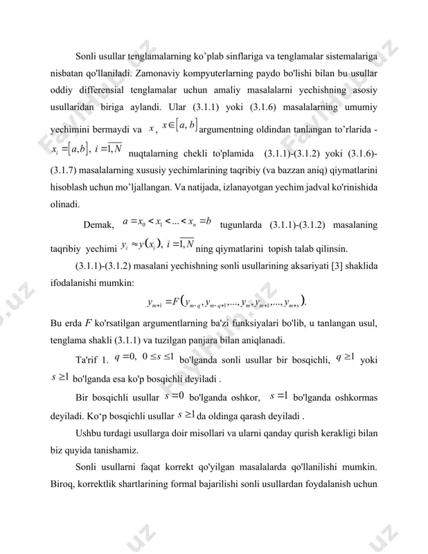 avsiflaymiz . ushbu usulning hisoblash formulalarini olishning bir necha yondashuvlari mavjud [3]. keling, ulardan biriga to'xtalib o'tamiz. x argumentining uzluksiz o'zgarishi viloyati bilan almashtiriladi diskret nuqtalar to'plami panjaralar, tugunlar deb ataladi. h-panjara oralig’i. 3.2.1 (3.2.1)-(3.2.1) masalaning raqamli yechimi qiymatlar jadvalidir: (3.2.2) qayerda -yechimning tugundagi farqi yoki son qiymati uchun (3.2.1) tenglamani yozamiz . hosilning ta'rifi bo'yicha bizda ... bor: (3.2.3) (3.2.3) chegarani rad etib, hosilani almashtiramiz chekli farqlar munosabati: (3.2.4) (3.2.4) ni (3.2.1) ga almashtirib, quyidagini olamiz: -tugundagi koshi masalasining yechimining qiymati belgilang orqali - farqni qanoatlantiruvchi sonli yechim tenglama (3.2.5) yoki (3.2.6) boshlang'ich shartni (3.2.2) hisobga olib, farq tenglamasidan (3.2.6) foydalanib, biz ketma-ket aniqlashimiz mumkin: demak, eyler usulining hisoblash algoritmi (3.2.5), (3.2.2) yoki (3.2.6), (3.2.2) quriladi. eyler usulida olingan taxminiy yechimning grafik tasviri. eyler siniq chizig'ini ketma-ket nuqtalar bog'lovchi siniq chiziqdir.(2.1-rasm). y (2.1-rasm). x misol. eyler usulidan foydalanib, birinchi tartibli oddiy differinsial tenlama uchun koshi muammosini yechish uchun qiymatlar …