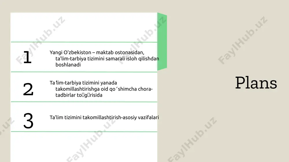 ak avlodning ta'lim va tarbiyasiga jiddiy e'tibor berish zarur. bu ta'lim sifatini oshirish va jamiyatni rivojlantirishga xizmat qiladi. title: ta'lim va tarbiyani takomillashtirish yo'nalishlari subtitle: maktab ta'limini isloh qilishning asosiy yo'nalishlari paragraph: o‘zbekiston maktablarida ta'lim va tarbiyani takomillashtirish zarurati dolzarb masala hisoblanadi. ta'lim tizimini isloh qilish uchun innovatsion metodlar joriy etish, o'qituvchilarni tayyorlash va maktab infratuzilmasini yaxshilash kabi asosiy yo'nalishlarni belgilash muhimdir. bu islohotlar o'quv jarayonini yanada samarali va sifatli qilishga xizmat qiladi. bullet points: - innovatsion metodlar joriy etish. - o'qituvchilarni tayyorlash. - maktab infratuzilmasini yaxshilash. o'zbekiston ta'lim tizimida o'zgarishlar o‘zbekiston maktablarida ta'lim va tarbiyani takomillashtirish zarurati, ota-onalar va jamiyat ishtirokining muhimligini ta'kidlaydi. ta'lim jarayonida ota-onalar faol ishtirok etishlari, bolalar ta'limida ijobiy o'zgarishlarni keltirib chiqarishi mumkin. shuningdek, jamiyatning ta'limga bo'lgan munosabati, maktablar bilan hamkorlikni kuchaytirish orqali ta'lim sifatini oshirishga yordam beradi. maktab ta'lim dasturlarining yangilanishi, zamonaviy talablar va global o'zgarishlarga mos ravishda amalga oshirilishi zarur. bu yangilanishlar, o'quvchilarni zamonaviy …