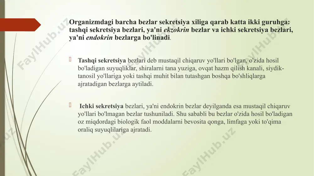intezlanishini, almashishini o'rgansa bo'ladi. gormonal moddalar faqat endokrin kasalliklarda emas, boshqa kasalliklami davolashda patogenetik davo sifatida ham qo'llanadi. gormonal moddalar hayvon a ’zolaridan — ichki bezlaridan, siydikdan hamda sintez yo'li bilan olinadi. hayvonlardan olinadigan gormonal moddalar faoliyati o'zgaruvchan bo'lib, ta’sir birligida (tb) oichanadi va vaqti-vaqti bilan ular hayvonlarda davlat farmakopeya usullari bilan aniqlab turiladi. gormonal moddalar kimyoviy tuzilishi jihatidan 3 turkumga bo'linadi: 1. oqsil va polipeptid unumli gormonal moddalar (gipofiz paraqalqonsimon, oshqozon osti, oshqozon osti bezi, moddalari). 2. aminokislota unumlari (qalqonsimon bez moddalari). 3. steroid birikmalar (buyrak usti bezi po'stlog'i va jinsiy a’zolaming gormonal moddalari) anabolitik steroidlar. endokrin sistema: endokrin bezlar: gipofiz qalqonsimon bez qalqonoldi bezi buyrak usti bezi epifiz endokrin to’qimaga ega organlar oshqozon osti bezi (langergans orolchasi) jinsiz bezlar endokrin xujayraga ega organlar: yurak o’pkalar oit buyraklar plasenta timus nomi chiqarish shakllari somatotropin somatotropinum tarkibida 2 va 4 tb preparat bo‘lgan flakonlar oktreotid- octreotide tarkibida 0,00005; 0,0001 va …