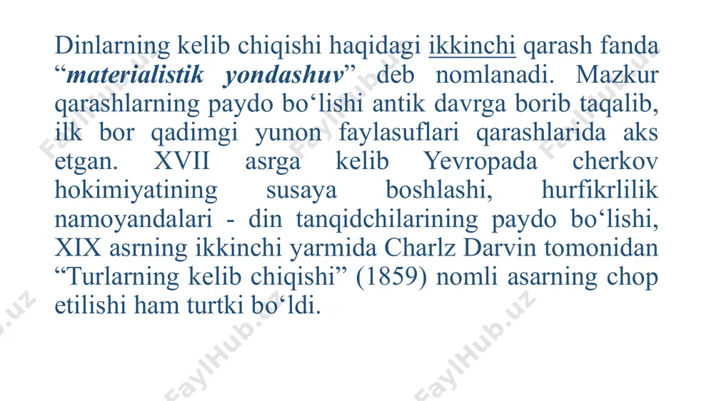 iy bilim esa dalillashga, isbotlashga asoslanadi. beruniyning о‘zi esa butkul dalillarga asoslangan bilimlar bilan shug‘ullangan. u moddiy olam haqidagi ilmiy masalalarni hal qilishda dinning ta’sirini cheklashga intilgan. forobiy va beruniy dinga bunday yondashishlar orqali ilmiy bilimni din ta’siridan xalos etishga g‘oyat о‘rinli harakat qilganlar. ular dinga emas, unga singib qolgan mutaassiblikka qarshi chiqqanlar. bugungi kunda fanda dinlarning shakllanishi tarixiga oid ikki xil: teologik va materialistik qarashlar mavjud. teologik (ilohiy, diniy) yondashuv. yahudiylik, xristianlik va islom dinlariga ko‘ra, xudo ilk inson —odamni yaratib, unga o‘zini tanitgan va odam avlodlarini o‘ziga sig‘inishga chaqirgan. vaqt o‘tishi bilan insonlar sof ta’limotdan uzoqlashib, turli butlarga sig‘ina boshlaganlar. dinlarning kelib chiqishi haqidagi ikkinchi qarash fanda materialistik yondashuv deb nomlanadi. mazkur qarashlarning paydo bo‘lishi antik davrga borib taqaladi — ilk bor qadimgi yunon faylasuﬂari bu haqdagi o‘z qarashlarini bayon etganlar. animizm. qadimgi odamlar atrofdagi dunyoda hayvonlar, o‘simliklar, tabiat hodisalari kabi har narsaning joni, ya’ni ruhi mavjud deb …