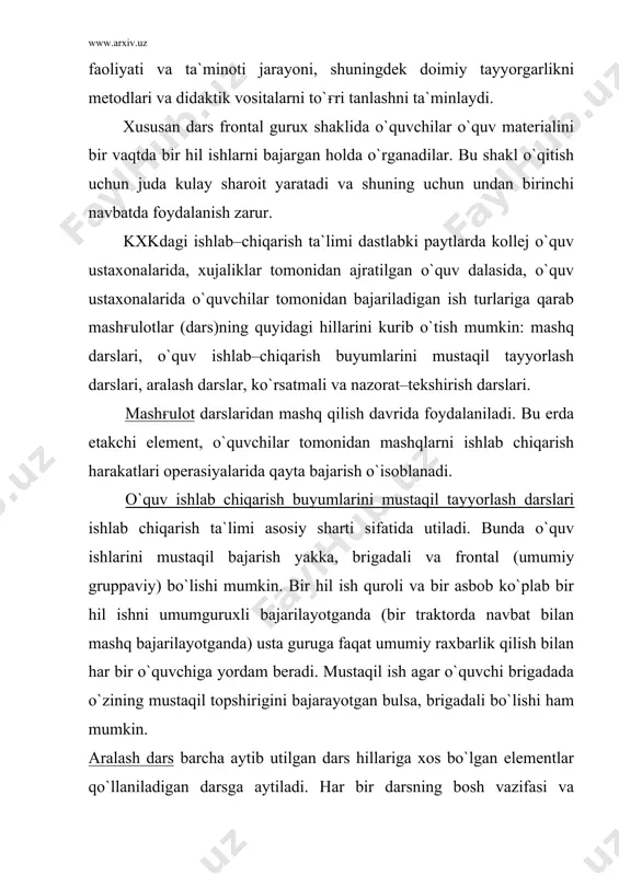 kiruvchi aloxida usul va harakatni egallaydilar. operasion mavzular bo`yicha ob`ekni noto`ғri tanlash natijasida mashqlar bajariladi. pedagogik jixatdan bu o`quvchilarining ishlarini ongli bajarishga halakit berib, ularning kasbga bo`lgan qiziqilarini susaytiradi, ishlab chiqarish jixatidan esa materiallar, elektr kuvvatini, yokilgini ortikcha isrof bo`lishiga olib keladi. kirish yo`l yurigi operasiyalarini o`rganishning asosiy tarkibiy qismlari ustaning asosiy mehnat usullarini metodik jixatidan to`ғri va malakali namoyish qilishdir. ularni o`quvchi o`zlashtirishi lozim. kirish yo`l–yurigi ko`rsatmali haritadan foydalanib mashqlarning bajarilishi tartibini (analiz) tahlil qilish muhimdir. o`quvchilar ko`rsatilgan usullarni takrorlaydilar va harita mazmuni bo`yicha savollarga javob beradilar. ishlab chiqarishga zamonaviy ilғor texnika va yangi texnologiyaning joriy etilishi munosabati bilan ishlarga texnik savodxon bo`lish hamda juda sermaxsul mehnat qilish kabi talablar kqo`yilmokda. o`quvchilarni ishning ilғor metodlariga xatto juda oddiy operasiyalar bilan tanishish jarayonida ham o`rgatish zarur. chunki bu davrda o`quvchilar kelgusida foydalaniladigan malaka va ko`nikmalarni hosil qiladilar. ilғorlar tomonidan qo`llaniladigan ishning eng rasional metod va usullari yosh ishchilarda bu usullarni …