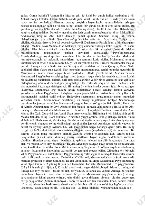 ib, ular ziyoratgohlar sifatida ma‘lum edi. ulardan biri makka ka‘basi edi. makka eski arabistonning diniy markaziga aylangach, u yyerdagi ka‘baga sanamlar to‘plandi. ibn al-asirning (vafoti 1232 y.) uqtirishicha, makka fath etilgan 630 yili ka‘ba ichida 360 ta sanam bo‘lgan. sanamlar uchun bu raqam juda katta ko‘rinadi, ammo muayyan sanam bir necha qabilada ehtirom qilingan bo‘lsa, u ka‘baga shuncha nusxada qo‘yilgan bo‘lishi mumkin. islomdan oldin arabistonda yahudiy jamoalari mavjud bo‘lgan. arabiston yahudiylari haqida, asosan, qur‘on, hadis, tafsir, sira (payg‘ambar hayoti va muqaddas urushlari haqida hikoya qiluvchi 81 adabiyot janri) va tarix kitoblari xabar byeradi. bu mavzuga aniqlik kiritadigan va hozirga qadar topilgan hujjatlarning eng qadimiysi - yangi bobil podshohi nabonidga (mil. av. 555-539) tegishli xronikadir. unda aytilishicha, mil. av. 552 542 yillarda shimoliy arabistondagi tayma shahrini o‘ziga poytaxt qilib olgan nabonid bu yyerdagi shaharlarni o‘zlashtirish maqsadida bobildan talaygina aholini ko‘chirgan; ularning ko‘pchiligini yahudiylar tashqil qilgan. ma‘lumki, bundan oldinroq (mil. av. 586 …