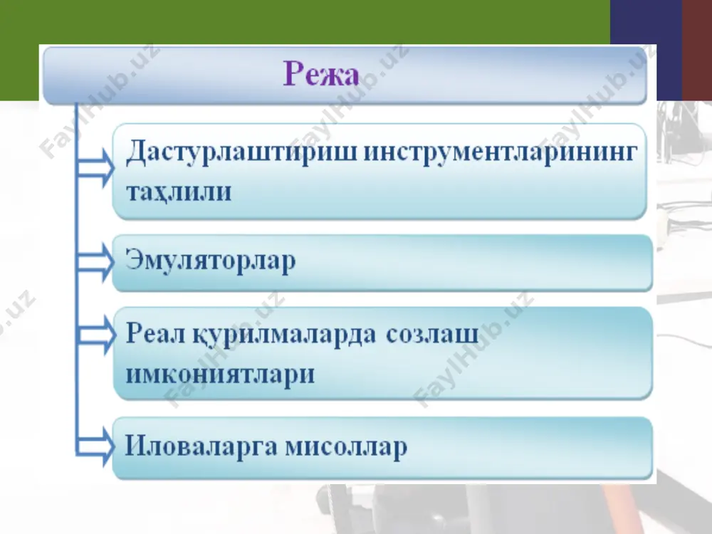 стандарти эмулятори ҳисоблаш техникасида эмуляциялаш (ингл. emulation) бу эмуляцияланган ўзини тутиш асл тизимнинг (меҳмоннинг) ўзини тутишига иложи борича мос келадиган тарзда битта ҳисоблаш тизимининг (меҳмоннинг) биринчи ҳисоблаш тизимидан фарқ қиладиган функцияларини кўчириш (ёки эмуляциялаш) учун мўлжалланган дастурий, аппаратлар воситалари ёки уларнинг бирлиги комплекси ҳисобланади. мақсад қандайдир абстракт моделнинг ўзини тутиши имитацияланадиган турли компьютерли моделлаштириш шаклларидан фарқли равишда ўзини тутишни максимал аниқ қайта тиклаш ҳисобланади. эмулятор бу компьютерда ишга тушириладиган виртуал мобил қурилма ҳисобланади. эмулятор ёрдамида реал қурилмалардан фойдаланмасдан иловаларни ишлаб чиқиш ва тестлаш мумкин. 18 ишга туширилган стандарт эмулятор ишга тушириш жараёнидаги android sdk ва "hello, world!" иловаси эмуляторларнинг камчиликлари муқобил эмуляторлар android sdk бирга етказиб бериладиган стандарт эмулятор кўпчиликни қониқтирмайди. муқобил эмуляторларни ишлаб чиқиш ва ривожлантиришни қўллайдиган лойиҳалар мавжуд. мисол сифатида genymotion – тезкор android эмуляторини (уни ишлаб чиқувчиларнинг фикрлари бўйича) келтириш мумкин. у олдиндан созланган android образларига (opengl аппаратли тезлаштирилган x86) эга. genymotion linux, windows ва mac os …