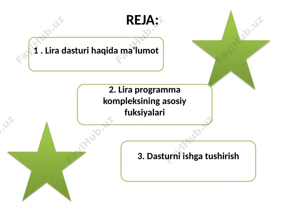 rning kengaytirilgan bibliotekasini o’z ichiga olgan; lira programma kompleksining asosiy fuksiyalari dinamik ta’sirlarning har xil turlariga hisoblashlarni bajarish mumkin (titrash yuklari, impuls, zarba, javob-spektr); po’lat sortamentlar bazasini muharrirlash imkoniyati yaratilgan; boshqa grafik va hujjarlashtiruvchi sistemalar bilan dxf, mdb, ifc va hokazo fayllarni bog’lashni amalga oshirish(autocad, allplan, stark, archicad, ms word, revid va boshqalar). lira programma kompleksining asosiy fuksiyalari kengaytirilgan yordam va hujjatlashtiruvchi sistemalarning ishlashi ta’minlangan; interfeys tilini istalgan bosqichda o’zgartirish va istalgan bosqichda hujjatlashtirish imkoniyatlari yaratilgan; turli o’lcham birliklari sistemasi va ularning kombinasiyalari mavjud. dasturni ishga tushirish lira dasturini ishga tushirish uchun пуск-все программы-lira sapr файл файл- menyu bandida yangi fayl yaratish, mavjudini ochish, yopish, saqlash, chiqish kabi amallarni bajarish mumkin. режим режим- menyu bandida kompleksning uchta ishlash rejimidan birini yuklovchi 3 buyruq bandiga ega: расчетная схема- bu rejimda barcha boshlang’ich ma’lumotlar yaratiladi. buyruqqa belgi o’rnatish, shu buyruq yuklanganligini bildiradi. qolgan ikkita rejimda bajariladigan ishlar ularning nomlaridan kelib chiqadi. результаты …