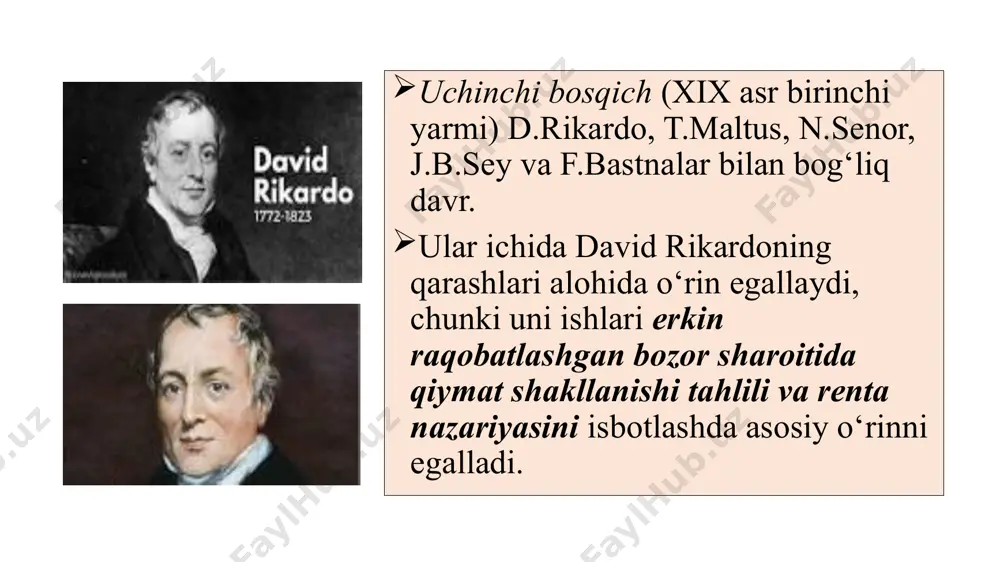 a kо‘payishi uchun» kerakli narsani olsa bas, degan xulosaga keldi. buni u nazariy jihatdan isbotlab bermoqchi bo‘ldi: agar ishchiga ko‘rsatilgan minimumdan ikki baravar ko‘p haq to‘lansa, u chog‘da ishchi ikki marta kamroq ishlaydi. bu esa jamiyat uchun shuncha miqdordagi mehnat boy berilganini bildiradi. tadbirkorlar va yer egalari daromadlari u.petti o‘zi umumlashtirgan tushuncha - “renta” sifatida tavsiflanadi. u, masalan, dehqonchilikda yaratilgan mahsulot qiymati bilan uni ishlab chiqarishga ketgan xarajatlar o‘rtasidagi farqni renta deb atagan (ya’ni tuproq unumdorligiga bog‘liq bo‘lgan renta). yana bir joyda yer uchastkasining bozorga uzoq-yaqin joylashishidan kelib chiqadigan renta shakli ko‘rsatib beriladi. aholi yashash joylariga yaqin joylashgan yer uchastkalaridan nafaqat yuqori renta olinadi, balki yillik renta summasi ham boshqa xuddi shunday unumdor, lekin aholi turar joylaridan ancha uzoq bo‘lgan yerlarga nisbatan ko‘p bo‘ladi. p.buagilberning iqtisodiy ta’limoti fransiya klassik iqtisodiy maktabining asoschisi pyer buagilber(1646-1714) hisoblanadi. u angliya klassik iqtisodiy maktabining asoschisi u.petti kabi professional iqtisodchi-olim bo‘lgan emas. p.buagilber xuddi otasiga …