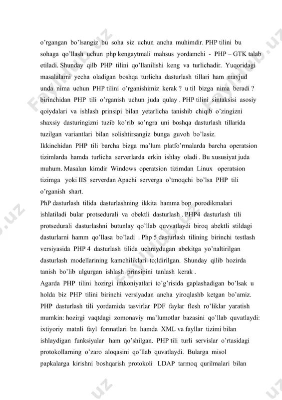 natishni o’rganish uchun veb mutaxasislar saytlariga murojat qilish kerak. denverni ornatish juda oddiy hamda unga hech qanday bilim talab etilmasligini aytib o’tish kerak . bu distriputivni php tilini endigina o’rganayotgann yosh dasturchilar uchunn tavsiya qilamiz . massivlar bir nechta qiymatni yoki bitta o'zgaruvchi nomi ostida qiymatlar guruhini saqlashga imkon beradigan murakkab o'zgaruvchilar. aytaylik siz ranglarni php skriptingizda saqlamoqchisiz. o'zgaruvchida ranglarni birma-bir saqlash quyidagi ko'rinishga ega bo'lishi mumkin: ammo, agar siz shtat yoki shahar nomlarini o'zgaruvchilar shaklida saqlamoqchi bo'lsangiz va bu safar uchta emas, balki yuztani tashkil qilishi mumkin bolsa. har bir shahar nomini alohida o'zgaruvchida saqlash juda qiyin, zerikarli va yomon fikr. php-dagi massiv turlari siz yaratadigan uchta turdagi massiv mavjud. bular: indexed array - raqamli tugmachali massiv. associative array - har bir kalit o'ziga xos qiymatga ega bo'lgan massiv. multidimensional array - ichida bir yoki bir nechta massiv mavjud bo'lgan massiv. indexed arrays indekslangan yoki raqamli qator har bir …