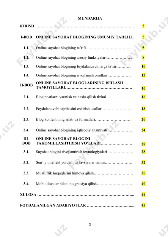 lashish uchun innovatsion platforma hisoblanadi. ushbu mavzu sayohat va turizm industriyasining raqamli transformatsiyasi jarayonida katta ahamiyatga ega. sayohat bloglarining rivojlanishi orqali foydalanuvchilarga yanada qulay va interaktiv xizmatlar taqdim etish, shuningdek, turizm sohasidagi faoliyatlarni keng auditoriyaga tanitish imkonini yaratish mumkin. blog yaratish va uning samaradorligini oshirish bo‘yicha tadqiqotlar olib borish foydalanuvchilar uchun qulay interfeysni yaratish, foydali va ishonchli ma'lumotlarni taqdim etish, sayohat haqidagi tajribalarni samarali tarzda bo‘lishish hamda platformani tijorat nuqtayi nazaridan rivojlantirish imkoniyatlarini o‘rganishga yordam beradi. kurs ishining maqsadi: onlayn sayohat blogining texnik va funksional jihatlarini o‘rganish, foydalanuvchilar uchun qulay va samarali platforma yaratish imkoniyatlarini tahlil qilish. shu orqali onlayn sayohat blogining zamonaviy talablarga javob beradigan innovatsion yechimlarini ishlab chiqish hamda turizm industriyasida uning ahamiyatini oshirishga yo‘naltirilgan tadqiqotlar o‘tkazish. kurs ishining vazifalari: sayohat blogining asosiy funksiyalarini o‘rganish va foydalanuvchilar talablariga mos yechimlarni ishlab chiqish. sayohat haqidagi ma'lumotlarni tizimlashtirish va foydalanuvchilarga oson va tez yetkazish jarayonlarini avtomatlashtirish. platformaning interfeysi va foydalanuvchi …