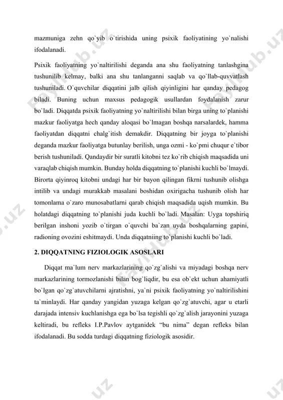 ahamiyatga egadir. mana shu qonunga muvofiq, bosh miya po`stining bir joyida maydonga kelgan qo`zg`alish jarayonlari bosh miya po`stining boshqa joylarida tormozlanish jarayonlarini yuzaga keltiradi. bosh miya po`stining ayrim bir joyida yuzaga kelgan tormozlanish jarayoni bosh miya pustining boshqa joylarida kuchli qo`zg`alish jarayonlarini paydo bo`lishiga olib keladi. ayni shu paytning har bir onida miya po`stida ko`zgalish jarayoni uchun optimal, ya`ni nihoyatda qulaylik bilan harakatlanuvchi biror bir kuchli qo`zg`alish manbai mavjud bo`ladi. “agar bosh suyagiga qarash imkoni bo`lganda, degan edi i.p.pavlov, uning ichidagi miya ko`rinadigan bo`lsa, agar miya yarim sharlarida optimal kuchli qo`zg`alish uchun eng yaxshi sharoit tug`ilgan nuqtasi miltillab ko`rinadigan bo`lsa, yangi sog`lom bir narsani o`ylab turgan odamning miyasiga qaraganimizda uni miyasini katta yarim sharlarida juda g`alati jimjimador shaklli, surati va hajmi har damda bir o`zgarib, turlanib, jimir - jimir qilib turgan yorug` narsani u yoqdan bu yoqqa yugurib qimirlab turganini va miya yarim sharining bu yorug` narsa atrofidagi boshqa erlarni …
