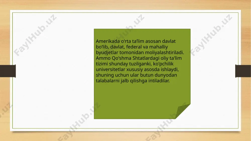 urga bo'lish mumkin. ta'lim muassasalari asosan atmosfera va talabalar soni bilan farqlanadi. kollej universitetdan tadqiqot dasturlari va aspiranturaning yo'qligi / mavjudligi bilan farq qiladi. universitetlar turlari kollejlarda asosan talabalarga ta'lim beriladi, ilmiy ishlar esa ta'lim dasturlari doirasidan tashqarida qoladi. qoidaga ko'ra, to'rt yillik ta'limni taklif qiladigan kollejlar xususiy va kichikdir (ikki ming talabagacha). soʻnggi paytlarda iqtidorli yoshlar uchun yirik davlat kollejlari shakllana boshlagan boʻlsa-da. amerika qonunlariga ko'ra, ular joylashgan hududda yashovchi bunday ta'lim muassasalariga kirishi mumkin, ammo aslida buni qilish juda qiyin. turli maktablarda o‘rganish standartlari har xil bo‘lgani uchun kollejlar abituriyentlarning baholariga ishonmaydi va ular uchun o‘z imtihonlarini taqdim etadi. mamlakatdagi barcha universitetlar, shuningdek, hukumat tomonidan moliyalashtiriladigan davlat universitetlari va xususiy muassasalarga boʻlingan. shu bilan birga, birinchilar obro'-e'tibor jihatidan ikkinchisidan biroz pastroq. davlat universitetlarining asosiy maqsadi talabalarni o'z mintaqalarida ta'lim berishdan iborat bo'lib, boshqa davlatlar va ularning yoshlari uchun tanlov tashkil etiladi.yuqori o'quv to'lovlari qo'llaniladi. bunday universitetlarda juda katta …