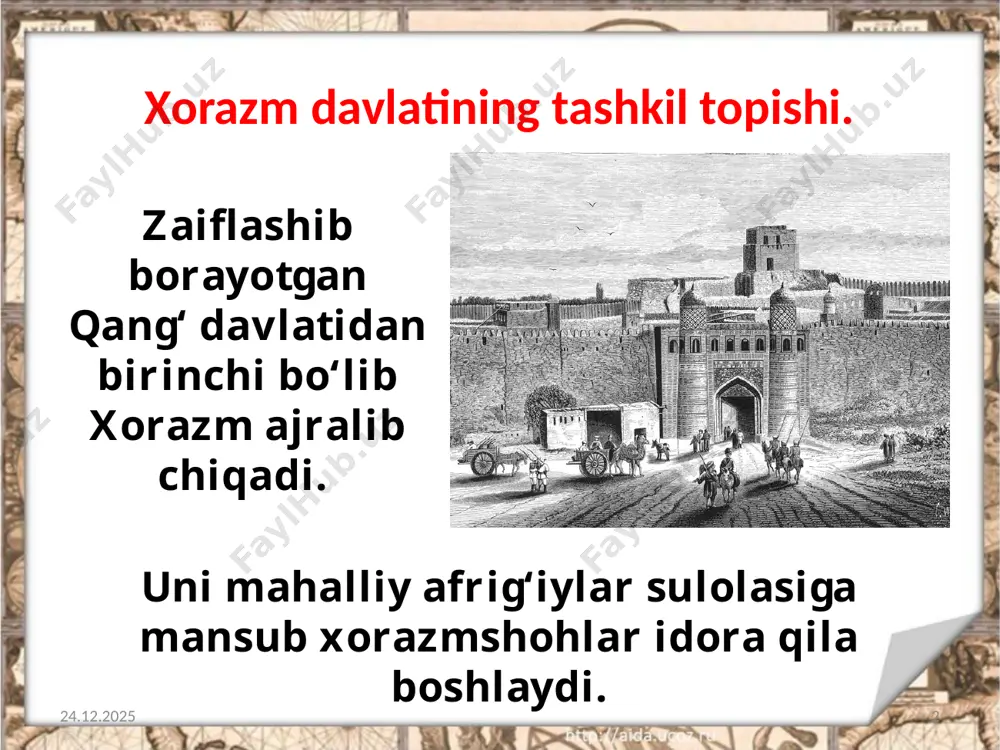 iylar davlati. 17.04.2025 13 v asrning 20-yillarida sharqdan sirdaryo va orol bo‘ylari orqali xorazm hamda amudaryo havzasiga yana bir ko‘chmanchi chorvador aholi – toxarlar kirib kelgan. toxarlar 456-yilda kidariylar va sosoniylar davlatlari o‘rtasida to‘qnashuv bo‘lib o‘tadi. bu to‘qnashuvda kidariylar davlati sosoniylardan yengiladi. 17.04.2025 14 savol va topshiriqlar: 1. qadimgi xorazm davlati haqida nimalarni bilib olgansiz? 2. o‘ylab ko‘rib fikr yuriting-chi, ilk o‘rta asrlarda xorazm o‘zining siyosiy mustaqilligini saqlab qolishining sababi nimada edi? 3. xioniylar, kidariylar davlatlari hududini xaritadan ko‘rsating. 4. xioniylar o‘rta osiyoga qaysi hudud orqali kirib kelgan? 17.04.2025 15 image2.jpeg image3.jpeg image4.jpeg image5.jpeg image6.jpeg image7.jpeg image8.jpeg image9.jpeg image10.jpeg image11.jpeg image12.jpeg image13.jpeg image14.jpeg image15.jpeg image1.jpeg /docprops/thumbnail.jpeg