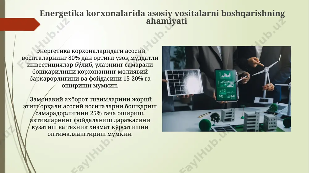 radorligini oshirishga va emissiyalarni 10% ga kamaytirishga qaratilgan. energetika korxonalarida asosiy vositalarning 15% gacha bo'lgan qismi rejalashtirilgan ta'mirlashga muhtoj bo'lib, bu ularning ishlash muddatini 20% ga uzaytiradi. e'tiboringiz uchun rahmat @taqdimot_robot image1.jpg image2.jpg image3.jpg image4.jpg image5.jpg image6.jpg image7.jpg image8.jpg image9.jpg