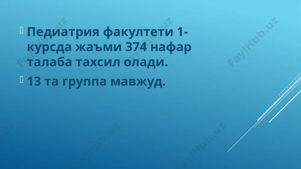 рдаги 59-сонли қарори. стипендия тайёрлаш бўйича. олий таълим, фан ва инновациялар вазирлигининг 2024 йил 2-декабрдаги 452-қарори. олий таълим ташкилотларида якуний назорат турини ташкил этиш ва ўтказишни ташкилий чора-тадбирлари. вазирлар махкамасиинг 2025 йил 10-мартдаги 149-сонли қарори. олий таълим ташкилотларида талабаларга грантларни тақдим этиш ва қайта тақсимлаш тартиби тўғрисида. вазирлар махкамасининг 393-қарори. № фан номи гурухлар вақти я.н ни ўтказилиш санаси 1 лотин тили ва тиббий терминология. 101-113 грухлар 2-марузалар зали. соат 9:00-12:00 27.05.2025 йил 2 тиббий кимё. 101-113 грухлар 2-марузалар зали. соат 9:00-12:00 29.05.2025 йил 3 тиббий биология. 101-113 грухлар 2-марузалар зали. соат 9:00-12:00 31.05.2025 йил андижон давлат тиббиёт институти педиатрия факультети 1-курс талабаларини 2024-2025 ўқув йили 2-семестрда фанлардан якуний назорат (ёзма) ни топшириш жадвали. я.н (тест) ўтказиладиган кун факультет фанлар 22.05.2025 йил педиатрия 101 дан 112 гача. 372 талаба 13:00 дан 16:00 гача тиббий биология умумий гинетика тиббий кимё лотин тили адабий терминологияси андижон давлат тиббиёт институти педиатрия факультети 1-курс …