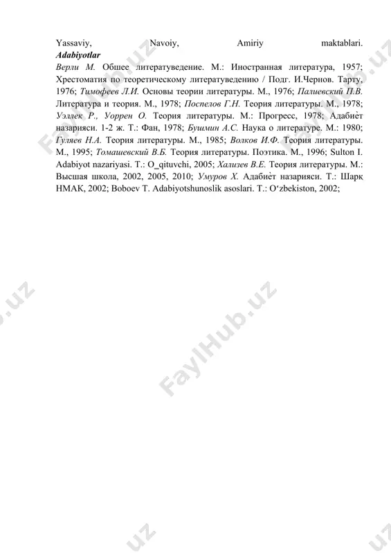 yatiga ta‘siri kuzatilgan. adabiy jarayonda ijodkorlararo munosabat deyilganda, bir daho ijodkorning o‗z zamondoshlari va undan keyingi avlodlar asarlariga ko‗rsatgan ta‘siri nazarda tutiladi. masalan, navoiy ijodining o‗z davri va keyingi turk va fors adabiyotigan ta‘siri; cho‗lpon she‘riyatining butun xx asr turkiy she‘riyatiga ta‘siri kuzatilgan. ijodkor o‗ziga xos tarzda adabiy ta‘sir doirsida qolib ketmasligi kerak. unga ta‘sir etgan hodisalar davom ettirilsagina adabiy ta‘sir belgilanmaydi. adabiy ta‘sir o‗zligini toppish, o‗z yo‗lini asoslash o‗z iste‘dodini namoyish qulish vositasidir. adabiy jarayon qonuniyatalari haqida gap ketganda yuqoridagi tilga olingan hodisalarni adabiy jarayon joriylanishi nazarda tutiladi va shular bilan bir qatorda adbiy muhit adabiy maktab kabi ijodiy ―muassasalar‖ ning vujudga kelishi adabiy jarayondagi qonuniy holatdir. adabiy muhit-ijodiy shart-sharoitlar hozirlangan ijodkorning kamol topishi uchun xizmat qilgan adabiy davra, majlis, maktablarni tashkil qiladi. muhit muayyan bir o‗rinda (zamon-makon) mavjud bo‗ladi, shakllanadi, taraqqiy topadi va tanazzulga uchraydi. masalan mumtoz adabiyotdagi eng taraqqiy etgan muhit haqida so‗z ketganda ―hirot‖ adabiy maktabi, …