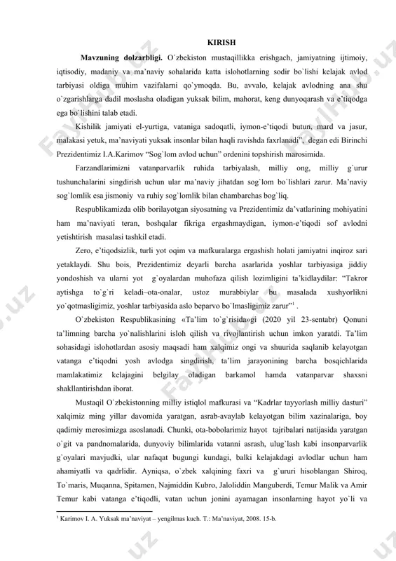 a xushyorlikni yo`qotmasligimiz, yoshlar tarbiyasida aslo beparvo bo`lmasligimiz zarur” . o`zbekiston respublikasining «ta’lim to`g`risida»gi (2020 yil 23-sentabr) qonuni ta’limning barcha yo`nalishlarini isloh qilish va rivojlantirish uchun imkon yaratdi. ta’lim sohasidagi islohotlardan asosiy maqsadi ham xalqimiz ongi va shuurida saqlanib kelayotgan vatanga e’tiqodni yosh avlodga singdirish, ta’lim jarayonining barcha bosqichlarida mamlakatimiz kelajagini belgilay oladigan barkamol hamda vatanparvar shaxsni shakllantirishdan iborat. mustaqil o`zbekistonning milliy istiqlol mafkurasi va “kadrlar tayyorlash milliy dasturi” xalqimiz ming yillar davomida yaratgan, asrab-avaylab kelayotgan bilim xazinalariga, boy qadimiy merosimizga asoslanadi. chunki, ota-bobolarimiz hayot tajribalari natijasida yaratgan o`git va pandnomalarida, dunyoviy bilimlarida vatanni asrash, ulug`lash kabi insonparvarlik g`oyalari mavjudki, ular nafaqat bugungi kundagi, balki kelajakdagi avlodlar uchun ham ahamiyatli va qadrlidir. ayniqsa, o`zbek xalqining faxri va g`ururi hisoblangan shiroq, to`maris, muqanna, spitamen, najmiddin kubro, jaloliddin manguberdi, temur malik va amir temur kabi vatanga e’tiqodli, vatan uchun jonini ayamagan insonlarning hayot yo`li va faoliyatini o`rganish hamda vatanparvarlik maktabi tarbiyasidan o`rnak …