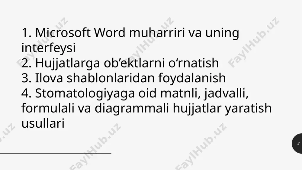 ссылки, рецензирование, вид vkladkalarini yorliqlaridan iborat. masalan, главная вкладка sini fallashtirilsa, unga mansub buyruqlar lenta satrida (gorizontal) kontekst menyuda ochiladi. demak, вкладка-lentaning tarkibiy qismi va u guruhlangan buyruqlar nomini ifodalaydi. 15 16 17 matn maydoni [текстовое поле]. word ning asosiy ish maydoni. unda matnlar, jadvallar, grafik va diagrammalar tuziladi. gorizontal va vertikal lineyka-chizg‘ichlar [горизонтальные и вертикальные линейки] прокурутка palosasi [полоса прокрутки] holatlar satri [строка состояния] 18 microsoft word xujjatlariga ob’ektlar o‘rnatish asosan вставка vkladkasi orqali amalga oshiriladi. вставкаga mansub buyruqlar bilan quyidagi amallarni bajarish mumkin: 1)страницы (sahifalar) buyrug‘i bilan titul varag‘i (титульная страница), bo‘sh sahifa (пустая страница); sahifani ajratish (разрыв страниц) ishlari bajariladi. 19 вставка-таблица buyrug‘i bilan: таблица – buyrug‘i bilan hujjatga jadval o‘rnatiladi. shuningdek xujjatga jadval chizish (нарисовать таблицу); matnni jadval formatiga o‘tkazish (переобразовать таблицу) 20 таблица excel buyrug‘i bilan microsoft excel jadvalini ob’ekt sifatida o‘rnatish mumkin 21 вставка vkladkasini иллюстрации guruhiga mansub рисунки buyrug‘i bilan foydalanuchi kompyuteridagi rasmlarni …