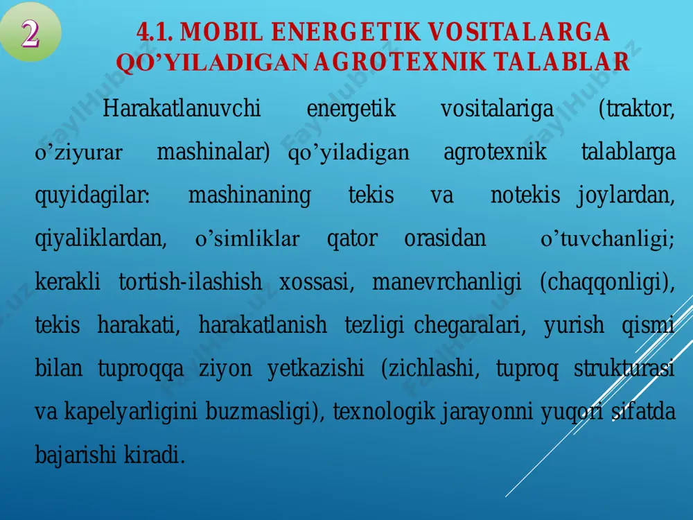 gan g’ildirakli traktorlar uchun 1680-1860 mm va zanjirli traktorlar uchun 1330-1430 mm, universal chopiq traktorlari uchun 1400-2100 mm va 2800 mm gacha rostlash tavsiya etiladi. 4.2. traktor yurish qismini tuproqqa bosimini agrotexnik talablari 4.3. qishloq xo’jaligi ishlarini bajarganda mtaning ruxsat etilgan harakat tezliklari 4.3. qishloq xo’jaligi ishlarini bajarganda mtaning ruxsat etilgan harakat tezliklari 4.3. qishloq xo’jaligi ishlarini bajarganda mtaning ruxsat etilgan harakat tezliklari 4.4. energetika vositalarining foydalanish xossalarini yaxshilash yo’llari tortish xususiyatlarini oshirish uchun g’ildirakli traktorlarda past bosimli, naqshlari ikki tomonga yo’naltirilgan shinalar ishlatiladi. yangi konstruksiyadagi traktorlarda yetakchi g’ildiraklarga qo’shimcha og’irlik beruvchi maxsus qurilmalar - mexanik va gidravlik vazminlashtirgichlar qo’llaniladi. traktorning tortish kuchini yetakchi g’ildiraklar sonini ko’paytirib, sirpantirmaydigan zanjirlar kiygizib, olinma o’rmalovchi zanjirli g’ildiraklar va yarimzanjirli olinma qurilmalarni, maxsus shakldagi naqshli shinalarni, maxsus tuproq ilgichlarni, keng to’g’inli g’ildiraklarni va keng o’rmalovchi zanjirlar qo’llanib ham oshirish mumkin. bundan tashqari traktor koleyasini o’zgartirish, tirkamalar (pritsep) g’ildiraklariga qo’shimcha harakat berish, qurama (aralash) agregatlar …