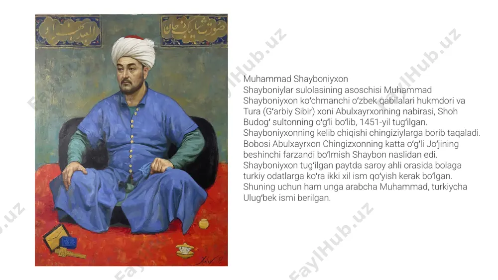 umkin. hasanxoja nisoriy oʻzining “muzakkir ul-ahbob” asarida shayboniyxonning bayt va gʻazallaridan namunalar keltiradi. xon haqida yozar ekan “yaxshi sheʼrlari bor edi” deb taʼkidlab, yana shunday qayd qiladi: “…hazrati shayx najmiddin kubroning… vafoti tarixini yaxshi aytgan. ruboiy gar bo’lsa kishi qoshi qarosi birla, so’z yaxshi turur jigar yarosi birla, zulfu yuzi vasfini biturman tunu kun, oltun varaq ichra ko’z qarosi birla. tuyuq so’g’d ichida o’ltururlar yobular yobularning mingan oti yobular. yobularning ilgidan el tinmadi, yo bular bo’lsin bu yerda yo bular. muhammad solih o’n yoshida otasidan ajralib etim qoldi va yoshligidan qiyinchilik ko’rib o’sdi. u bir necha vaqt temuriy hukmdorlarga, jumladan otasini o’ldirtirgan, xuroson podshohi husayn boyqoroga xizmat qilishga majbur bo’ldi. biroq, muhammad solihning o’z otasini o’ldirgan qotilga adovati kuchli edi, shu sababli keyinchalik uning xizmatidan ketdi va sulton ahmad mirzoning o’g’li sulton ali mirzoning xizmatida bo’ldi. keyinchalik undan ham aynib 1499 yilda movaraunnahrda yangi tashkil topgan o’zbek davlati hukmdori shayboniyxon …
