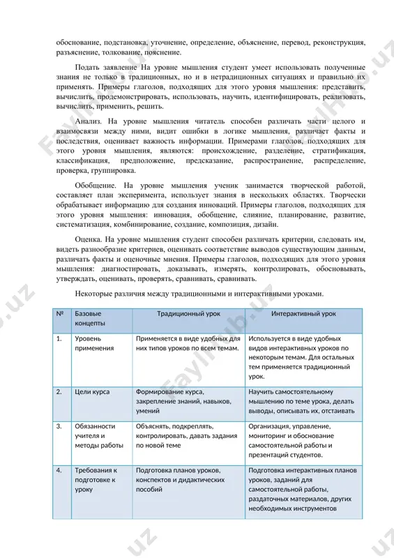 ходящих для этого уровня мышления: уметь повторять, усиливать, передавать информацию, рассказывать, писать, выражать, различать, распознавать, рассказывать, повторять. понимание – обладая уровневым мышлением, читатель понимает факты, правила, диаграммы, таблицы. может примерно описать будущие последствия на основе имеющихся данных. примеры глаголов, подходящих для этого уровня мышления: обоснование, подстановка, уточнение, определение, объяснение, перевод, реконструкция, разъяснение, толкование, пояснение. подать заявление на уровне мышления студент умеет использовать полученные знания не только в традиционных, но и в нетрадиционных ситуациях и правильно их применять. примеры глаголов, подходящих для этого уровня мышления: представить, вычислить, продемонстрировать, использовать, научить, идентифицировать, реализовать, вычислить, применить, решить. анализ. на уровне мышления читатель способен различать части целого и взаимосвязи между ними, видит ошибки в логике мышления, различает факты и последствия, оценивает важность информации. примерами глаголов, подходящих для этого уровня мышления, являются: происхождение, разделение, стратификация, классификация, предположение, предсказание, распространение, распределение, проверка, группировка. обобщение. на уровне мышления ученик занимается творческой работой, составляет план эксперимента, использует знания …