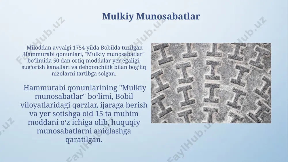 a, hozirgi iroq hududida joylashgan bo'lib, kuchli davlat bo'lgan va hammurabi qonunlari shu davrga to'g'ri keladi. bobil qirolligi 1894 yildan 1595 yilgacha davom etgan va 300 yildan ortiq hukmronlik qilgan bo'lib, bu davrda 12 ta shoh hukmronlik qilgan, ular orasida eng mashhuri hammurabi hisoblanadi. hammurabi kodeksining ahamiyati hammurabi qonunlari, miloddan avvalgi 1754-yilda yaratilgan boʻlib, mesopotamiya hududida, hozirgi iroq davlatining hududida adolatni taʼminlashga qaratilgan 282 ta qonundan iborat edi. hammurabi kodeksining katta ahamiyati shundaki, u yozma shaklda saqlanib qolgan eng qadimgi huquqiy matnlardan biri boʻlib, tarixchilarga qadimgi mesopotamiyaning ijtimoiy tuzilmasi va huquqiy tizimi haqida maʼlumot beradi. qarz va kredit suv havzalari va sug'orish tizimlari kabi ob'ektlarni ta'mirlash uchun olingan qarzlarning to'lanishi, hammurabi qonunlarining 50-moddasiga ko'ra, mesopotamiya qishloq xo'jaligiga ta'sir ko'rsatgan. hammurabi qonunlar to'plamida, 100 dan ortiq modda qarz va kredit munosabatlariga, shu jumladan foiz stavkalari va qarzdorlik muddatlariga bag'ishlangan bo'lib, bobil shahri aholisi uchun aniq qoidalarni o'rnatgan. adolat va tengsizlik bobil …