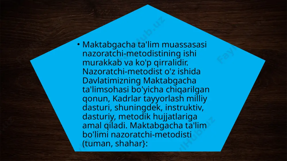 g'ini kengaytirishning kundalik va istiqbol-rejalarini tuzishda ishtirok etadi va yangi muassasalarini foydalanishga topshirilishini muntazam tekshirib turadi. nazoratchi metodist maktabgacha ta'lim muassasalarining rentabel ishlashiga erisha borib, ularning xalq, xo'jalik rejalarini bajarishini qat'iy nazorat qiladi, qishloqda maktabgacha ta'lim muassasalari qurilishiga katta e'tibor beradi, ular moddiy bazasini yaxshilanishiga g'amxo'rlik qiladi. nazoratchi-metodist moliya masalalarini tushunishi, maktabgacha ta'lim muassasalarini jihozlash, bolalarni ovqatlantirishga oid me'yoriy hujjatlarni bilishi, muassasani saqlash uchun ajratilgan pul mablag'iarini o'z vaqtida berilishi va to'g'ri sarflanishini muntazam tekshirib turish, markazlashtirilgan buxgalteriya bilan hamkorlikda ishlash kerak. nazoratchi-metodist maktabgacha ta'lim muassasiga borganida metodik, tarbiyaviy va ma'muriy-xo'jalik ishlar ahvolini o'rganadi, ilg'or tajribani, ishdagi kamchiliklarni aniqlaydi, zarur yordam ko'rsatadi. u «ilk qadam» davlat dasturining bajarilishini nazorat qiladi, pedagogik kadrlar tarkibi va ularning joylashtirilishini o'rganadi, ularning malakasini oshirishga qaratilgan tadbir belgilaydi ota-onalar qo'mitasi faoliyatiga rahbarlik qilish va aholi orasida pedagogik bilimlarni tashviqot qilish ishlarini tashkil qilish nazoratchi ishida muhim rol o'ynaydi, u bu ishning mazmunini va shakllarini tuman …