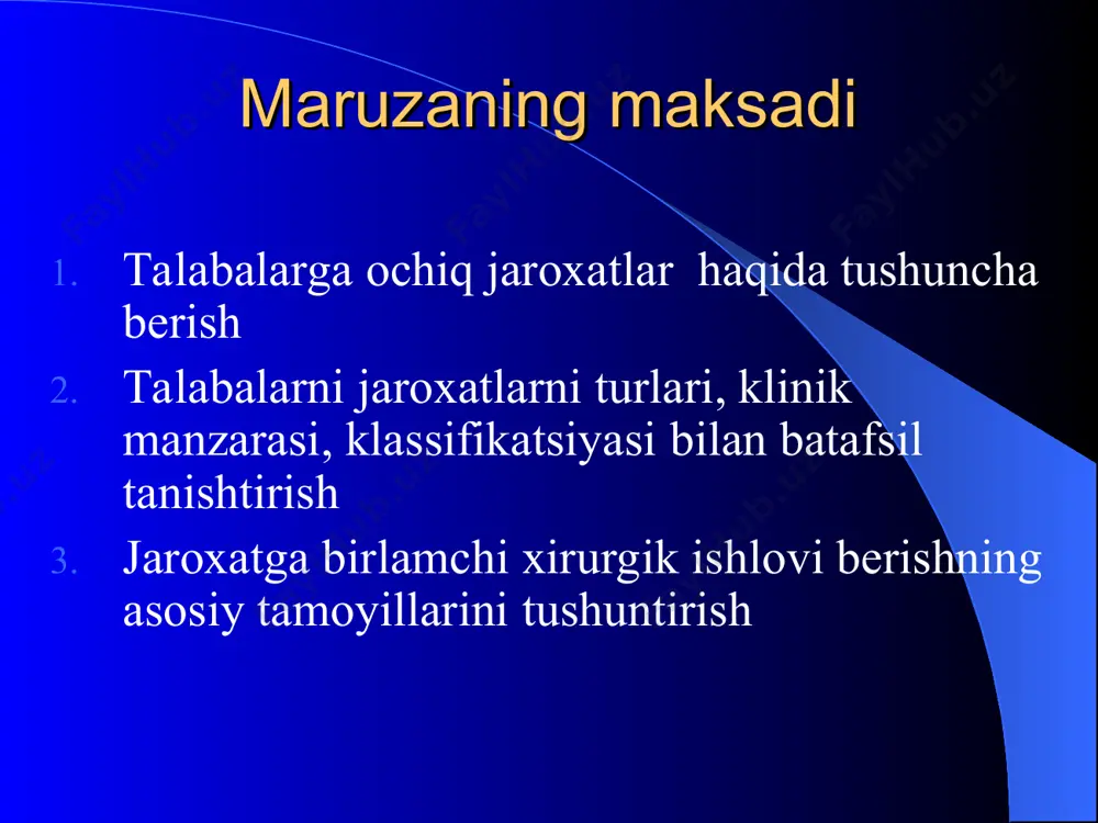 oxat tirnalgan jaroxat tishlangan jaroxat zaxarlangan jaroxat aralash jaroxat sanchilgan jaroxat kesilgan jaroxat katta charvi eventratsiyasi bilan asoratlangan sanchilib kesilgan jaroxat tikilgan jaroxat shikastlanishning chuqurligiga qarab: yuzaki ichki a’zolarning shikastlanishi bo’lmagan, bushliqlarga teshib kiruvi jaroxat ichki a’zolarning shikastlanishi bo’lgan, bo’shliqlarga teshib kiruvi jaroxat jaroxatning sababiga ko’ra: operatsion tasodifiy joylashishiga ko’ra: yuz soxasining jaroxati boshning jaroxati bo'yining jaroxati ko’krak qafasining jaroxati qorinning jaroxati oyoq yoki qo’llarning jaroxati tasodifiy oyoq panjasining kesilgan jaroxati yuz soxasining tishlangan jaroxati qo’l panjasining yirtilgan jaroxati yuz soxasining tasodifiy lat yegan jaroxatlari operatsion jaroxat infitsirlanganlik darajasiga karab: infitsirlangan aseptik jaroxalanish vaqtiga qarab: yangi kechikkan jaroxatning bitish usuliga qarab: birlamchi tortilish bilan bituvchi jaroxatlar ikkilamchi tortilish bilan bituvchi jaroxatlar infitsirlangan jaroxat aseptik jaroxat jaroxat kanalining xarateriga ko’ra: teshib o’tuvchi tegib o’tuvchi ko’r jaroxatning bitish fazalari: gidratatsiya (og’riq, temperatura, shish, infiltratsiya) regeneratsiya yoki degidratatsiya jaroxatning yomon bitishi sabablari : umumiy: immun sistemasining yetarli rivojlanmaganligi gipovitaminoz surunkali yalliglanish kasalliklari qandli …