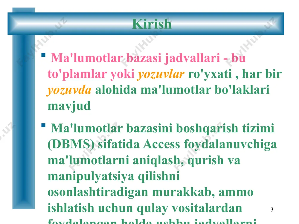 i: avtoraqam yozuvlarni raqamlashni saqlaydi (qo'shimcha yoki tasodifiy) sana/vaqt sana va vaqtni saqlaydi (turli umumiy formatlarda) valyuta valyuta qiymatlarini saqlaydi matn belgilar, raqamlar, tinish belgilari va maxsus belgilarni saqlaydi eslatma katta hajmdagi matnli ma'lumotlarni saqlaydi raqam faqat raqamlar, + yoki - belgilari va kasrlarni o'z ichiga oladi 11 jadvallar jadvalni loyihalash: ma'lumotlar turlariga kirish (davomi): ha/yo'q , ha yoki yo'q qiymatini saqlaydi; ma'lumotlar jadvali ko'rinishida belgilash katakchasi sifatida paydo bo'ladi (mantiqiy yoki mantiqiy tip deb ham ataladi) ole grafiklar, tovushlar va boshqa ob'ektlarni bog'lash va joylashtirish ob'ektlarini o'z ichiga oladi giperhavola internet manzillari uchun url manzillarini saqlaydi qidiruv boshqa jadvaldan usta qiymatini olish imkonini beruvchi maydon yaratadi 12 jadvallar maʼlumotlarni kiriting va oʻchiring: ma'lumotlar bazasi jadvalini yaratish ikki qismli jarayondir; birinchi qism jadvalning tuzilishini belgilaydi. jarayonning ikkinchi qismi foydalanuvchi tomonidan kiritilgan ma'lumotlarni o'z ichiga oladi; bu odatda ma'lumotlarni jadvalga jismoniy yozishni talab qiladi ma'lumotlar jadvalning ma'lumotlar jadvali ko'rinishidan foydalangan holda …