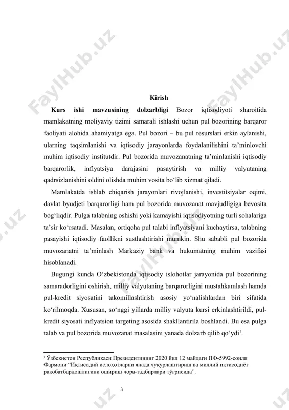 ining nazariy va amaliy masalalari tahlil qilindi. shuningdek, milliy valyuta – so‘mning barqarorligini ta’minlash, pul-kredit siyosatini samarali yuritish va pulga talabni o‘rganish masalalari bo‘yicha ilmiy maqolalar chop etildi. kurs ishi mavzusining nazariy va amaliy ahamiyati pul bozorida muvozanat va pulga talab masalalarini o‘rganish, avvalo, nazariy jihatdan iqtisodiy bilimlarni boyitadi. jahon iqtisodiy adabiyotida shakllangan klassik, keynsiy va monetaristik nazariyalarni chuqur o‘rganish orqali bozor iqtisodiyoti mexanizmlarining ishlashini yanada aniqroq tushunish mumkin. bu, o‘z navbatida, o‘zbekiston sharoitida pul-kredit siyosatini shakllantirish va takomillashtirishga ilmiy asos bo‘lib xizmat qiladi. nazariy ahamiyat shundan iboratki, kurs ishi davomida pulga talab nazariyalarining turli konsepsiyalari taqqoslab o‘rganiladi, muvozanat mexanizmlarining umumiy qonuniyatlari aniqlanadi va ularning zamonaviy sharoitlarda tatbiq etilishi ilmiy jihatdan tahlil qilinadi. bu esa iqtisodiy fanlarning rivojlanishiga, talabalar va tadqiqotchilarning bilim doirasini kengaytirishga yordam beradi. amaliy ahamiyat esa bevosita mamlakat iqtisodiy siyosati bilan bog‘liqdir. o‘zbekiston iqtisodiyotida olib borilayotgan makroiqtisodiy islohotlarda, xususan, milliy valyutaning barqarorligini mustahkamlash, inflyatsiyani nazorat qilish, iqtisodiy …