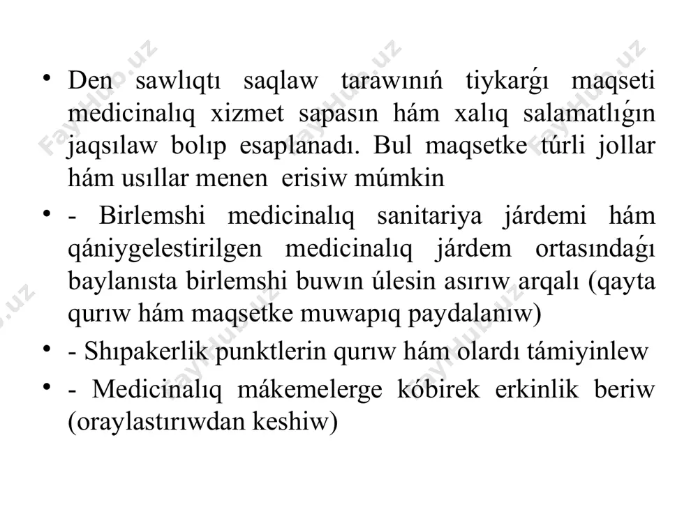 dıń birlemshi buwınların kúsheytiriw, bul bolsa xizmetler hámde resurslardı statsionar hám qániygelestirilgen mákemelerden birlemshi xizmetlerdi kórsetiwshi-awıllıq shıpakerlik punkt (ashp) lerge ótkiziletuǵınlıǵın bildirdi. respublikanıń hár qıylı territoriyalarında sharayattıń hár qıylılıǵın esapqa alıp (xalıqtıń tıǵızlıǵı, transport xizmetiniń rawajlanǵanlıǵı h.t.b) xizmet kórsetiwin xalıq sanınan kelip shıǵıp awıllıq shıpakerlik punktleri (ashp) tómendegi 4 tipke bólinedi. ashp i tip – xalıq sanı 1500 adamǵa shekem; ashp ii tip – xalıq sanı 1500- 3500 adamǵa shekem; ashp iii tip – xalıq sanı 3500- 6000 adamǵa shekem; ashp iv tip – xalıq sanı 6000- 10000 adamǵa shekem bolıp, tiykarǵı funkciyası biriktirilgen aymaq xalqına birlemshi medicinalıq sanitariya xizmetin kórsetiw. ashp tipleri boyınsha arxitekturalıq kórinisi 1-tiptegi ashp birinshi tiptegi ashp 1. akusher xanası 15,3 m.kv 2. kórik xanası 15,3 m.kv 3. shıpaker xanası 15,3 m.kv 4. manipulyaciya xanası 15,3 m.kv 5. fizioterapiya xanası 15,3 m.kv 6. laboratoriya xanası 15,3 m.kv 8. feldsher hám funkcional diagnostika xanası 9,5 m.kv 9. …
