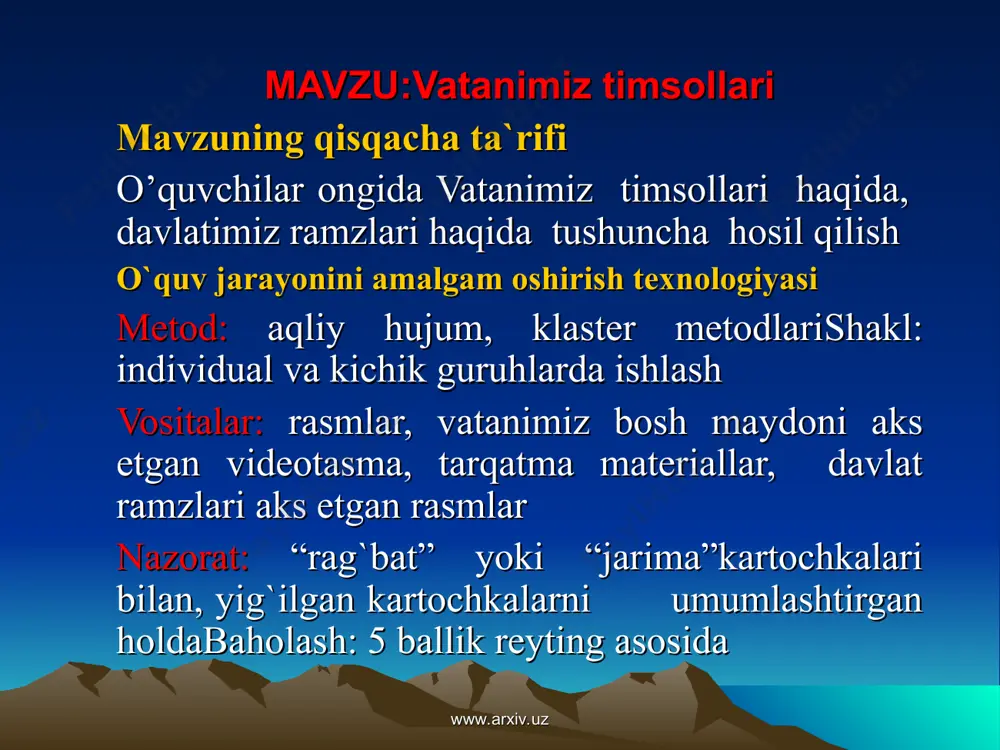 g navbatdan tashqari o`tkazilgan yettinchi sessiyasida qabul qilingan. bayroqdagi moviy rang tiriklik, hayot ifodasi bo'lgan mangu osmon va obihayot ramzidir. oq rang tinchlik ramzi, xalqimizning oliyjanob va ezgu intilishlari mujassamidir. yashil rang esa tabiatning yangilanish ramzi. u qadim-qadimdan navqironlik, umid va shod-u xurramlik timsoli hisoblangan. bayroqdagi qizil chiziqlar xalqimiz vujudidagi kuch-g`ayrat va qudrat belgisi. www.arxiv.uz www.arxiv.uz