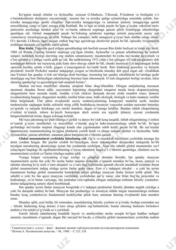 arini anglab yetishga qaratilgan fanlararo ilmiy tadqiqotlar sohasi – globalistika paydo bo’lishiga olib keldi. kengroq ma’noda «globalistika» atamasi globallashuvning turli jihatlari va global muammolarga oid ilmiy, falsafiy, madaniy va amaliy tadqiqotlarni, jumladan ularning olingan natijalarini, shuningdek ularni ayrim davlatlar darajasida ham, xalqaro miqyosda ham iqtisodiy, ijtimoiy va siyosiy jabhalarda amalga joriy etish borasidagi amaliy faoliyatni ifodalash uchun qo’llaniladi. shuni ta’kidlash lozimki, globalistika odatda ilmiy bilimning tabaqalanishi natijasida yoki turdosh fanlar tutashgan joyda paydo bo’ladigan ayrim fanlar qatoriga kirmaydi. uning vujudga kelishi zamirida qarama-qarshi jarayonlar – hozirgi zamon faniga xos bo’lgan integrasiyalashuv jarayonlari yotadi. globalistika tadqiqotlar va bilishning shunday bir jabhasiki, bu yerda turli fanlar va falsafa, asosan bir-biri bilan uzviy aloqada, har biri o’z predmeti va metodi nuqtai nazaridan, globallashuvning turli jihatlarini tahlil qiladi, global muammolarni bir-biridan alohida va yaxlit tizim sifatida o’rganib, ularning yechimlarini taklif qiladi. globalistika mustaqil ilmiy yo’nalish va ijtimoiy amaliyot jabhasi sifatida 1960-yillarning oxirlaridan e’tiboran shakllana …