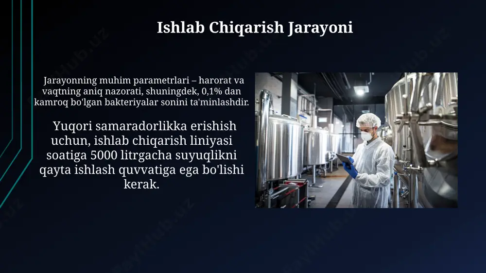 jarayonini avtomatlashtirish orqali ishlab chiqarish samaradorligini 20% ga oshirish va mehnat unumdorligini yaxshilash loyihaning muhim qismlaridan biridir. moliyaviy prognoz va rentabellik pastörizator loyihasining dastlabki 3 yillik moliyaviy prognozi, yillik 20% daromad o'sishi va o'rtacha 15% foyda marjasini ko'rsatadi, bu esa loyihaning yuqori rentabelligini tasdiqlaydi. mahsulot tannarxini optimallashtirish va sotuv hajmini ko'paytirish orqali, loyiha 5 yil ichida 100.000 aqsh dollari sof foyda keltirishi kutilmoqda, bu esa loyihaning uzoq muddatli barqarorligini ta'minlaydi. e'tiboringiz uchun rahmat @taqdimot_robot image1.jpg image2.jpg image3.jpg image4.jpg image5.jpg image6.jpg image7.jpg image8.jpg image9.jpg image10.jpg image11.jpg image12.jpg