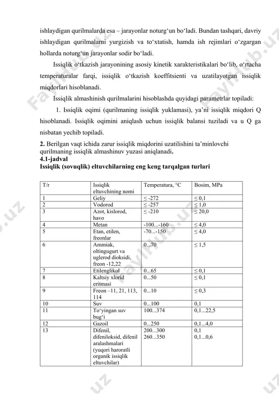 rakatlantiriladi va har bir to`qnashish moslamasida bug` kondensastiyalansa, eritma esa bug`ning kondensastiyalanish issiqligi hisobiga qisman bug`lanadi. shunday qilib, bug` engil uchuvchan komponent bilan, kolonnadan pastga oqib tushayotgan suyuqlik esa - qiyin uchuvchan komponent bilan boyitiladi. bug` va eritmaning ko`p marta to`qnashishi hisobiga distillyat butunlay engil uchuvchan, kub qoldig`i esa - qiyin uchuvchan komponentdan tarkib topgan bo`ladi. rektifikatsiya jarayonini hisoblashda quyidagi tahminlar qabul qilinadi: a) 1 kmol bug` kondensastiyalanish davrida 1 kmol suyuqlik bug`lanadi. demak, rektifikastion kolonnaning istalgan ko`ndalang kesimida harakatlanayotgan bug`ning miqdori bir xildir; b)demak, rektifikastion kolonnadan chiqib ketayotgan bug`ning tarkibi distillyatnikiga teng (ud = xd) bo`ladi; bet list № hujjat imzo sana v) eritma bug`lanishi davrida uning tarkibi o`zgarmaydi. demak, bug`lanish davrida hosil bo`lgan bug`ning tarkibi kub qoldig`inikiga tenglashadi, ya’ni (yw = xw). 2.-rasm. t - x, y - diagramma. ko`pincha rektifikatsiya jarayoni t - x, y diagramma yordamida tasvirlanadi (2.-rasm). konstentrastiyasi x1 bo`lgan boshlang`ich eritma qaynash temperaturasi t1 …