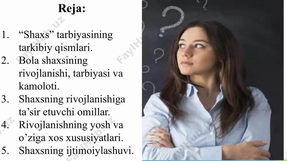 sadida, pedagogning o‘quvchiga bo‘lgan munosabati «sardor»likdan, uning «sherigi»ga aylanishi zarurligini ko‘rsatadi. имя или логотип o'quvchi shaxsining shakllanishiga ta’sir etuvchi omillar biologik omil tabiiy omil sog’lom turmush tarzi muhit – bu shaxsning shakllanishiga ta’sir etuvchi tashqi voqea-hodisalar majmuyi. oila muhiti – mikromuhit ham o‘ziga xos muhim tarbiyaviy ta’sirga ega. ijtimoiy muhit – maktab, do‘stlar, tengqurlar, kishilar va jamiyatdagi insonlar. shaxsda sog‘lom turmush tarzi ko‘nikmalarini shakllantirishda uning jismonan to‘g’ri rivojlanishi, o‘z salomatligini mustahkamlashi; aqliy va jismoniy faoliyatning yuqori darajada bo‘lishiga erishish; gigienik malaka va ko‘nikmaga ega bo‘lishi; turmush tarzini mavjud axloqiy talablarga muvofiq tashkil etish. irsiyat anatomik-fiziologik tuzilish organlar holati, qaddi-qomat, asab tuzilishi xususiyatlari, teri, soch hamda ko‘zlarning rangi. shuningdek, nutq, tafakkur, ixtiyoriy harakat va amallar, vertikal holatda yurish, mehnat, ijod qilish qobiliyati va boshqa iste'dod alomatlari ham nasldan naslga o‘tadi. имя или логотип 1 2 4 3 shaxsning rivojlanishiga tarbiyaning ta’siri: tarbiya kelajakka qaratilgan maqsadni belgilaydi. tarbiya ta’sirida muhit bera olmagan …