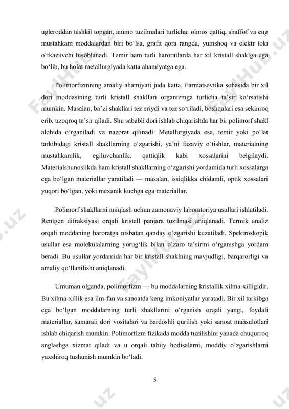 di. shuningdek, moddaning qanday shaklda kristallanishi uning texnologik ishlov berilishiga ham ta’sir qiladi. masalan, qattiq polimorf shakllar maydalash yoki aralashtirishda ko‘proq energiya talab qiladi, holbuki yumshoq yoki g‘ovak shakllar osonroq ishlanadi. ayniqsa, changli dori shakllarini ishlab chiqarishda bu juda muhim. notekis yoki noaniq kristall shakllar esa mahsulot sifatiga salbiy ta’sir qilishi mumkin. shu sababli, farmatsevtlar nafaqat kimyoviy tarkibni, balki kristall shaklni ham diqqat bilan nazorat qilishadi. tabiatda ko‘plab minerallar bir necha polimorf shaklga ega. masalan, kaltsiy karbonat tabiiy holatda ikki asosiy shaklda uchraydi — kaltsit va aragonit. har ikkalasi ham bir xil kimyoviy tarkibga ega bo‘lsa-da, kristall panjarasi va fizik xossalari butunlay boshqacha. bu holat dengiz tubidagi cho‘kindilar, toshlar va hatto marjonlarning shakllanishida muhim rol o‘ynaydi. shunga o‘xshash holatlarni geologiyada keng uchratish mumkin. ilmiy izlanishlarda polimorfizm yordamida yangi fazalar ochiladi, yangi materiallar yaratiladi. bu ayniqsa nano-miqyosdagi tadqiqotlarda muhim. polimorf shakllar nanozarrachalarning yuzasida turlicha reaksiyaga kirishadi, bu esa kimyoviy kataliz, sensor …