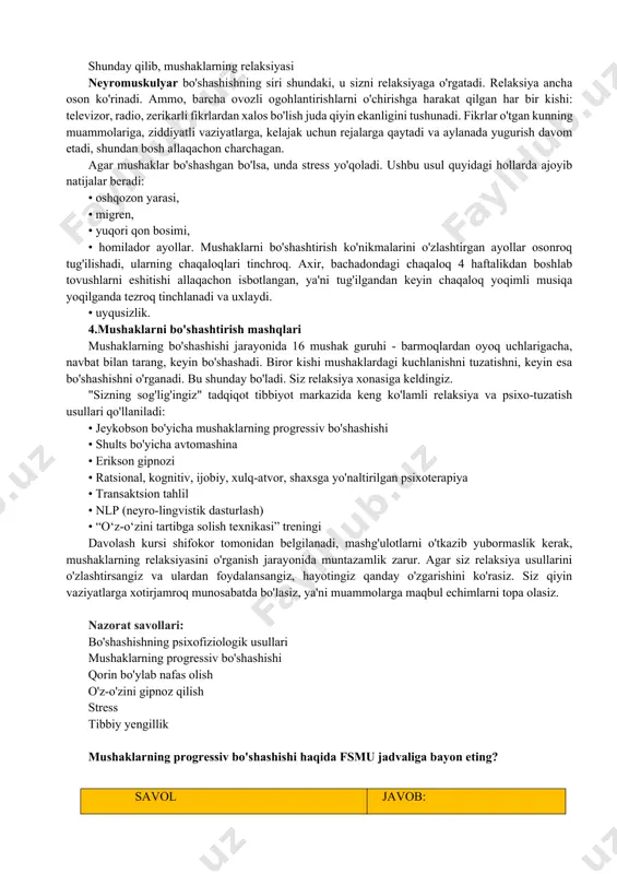 m yordam beradi. usul har bir ekshalasyonda kalit so'zni aytish orqali o'z-o'zini gipnoz bilan birlashtirilishi mumkin, masalan: "relaksiya", "xotirjamlik", "xotirjamlik" va boshqalar. o'z-o'zini gipnoz qilish. stress - bu keskinlik. bo'shashish (relaksatsiya) - qarama-qarshi kuchlanish holati. shuning uchun e.jeykobson usuli bo'yicha nerv-mushaklarning bo'shashishiga o'rgatish stress bilan kurashishning eng samarali usullaridan biridir. jeykobson usulining "siri" salbiy his-tuyg'ular va mushaklarning kuchlanishi o'rtasidagi munosabatlarda yotadi. salbiy stressli his-tuyg'ular (qo'rquv, tashvish, tashvish, vahima, tirnash xususiyati va boshqalar) doimo mushaklarning kuchlanishini keltirib chiqaradi. qorin bo'shlig'ida nafas olish bu usul eng oddiylardan biri hisoblanadi. u "diafragma nafasi" deb ham ataladi. usul quyidagi tarzda amalga oshiriladigan 10 ta nafas olish tsiklining (inhaliyalar-ekshalatsiyalar) 1-3 ta yondashuvini (tanaffuslar bilan) nazarda tutadi: • burun orqali sekin nafas oling. nafas olayotganda siz oshqozonning "shishib ketishini" maksimal darajada oshirishga harakat qilishingiz kerak va ko'krak qafasi unchalik shishmaydi. • bir necha soniya nafasingizni ushlab turing. • sekin nafas chiqarish, og'iz orqali yaxshiroq. nafas olish …