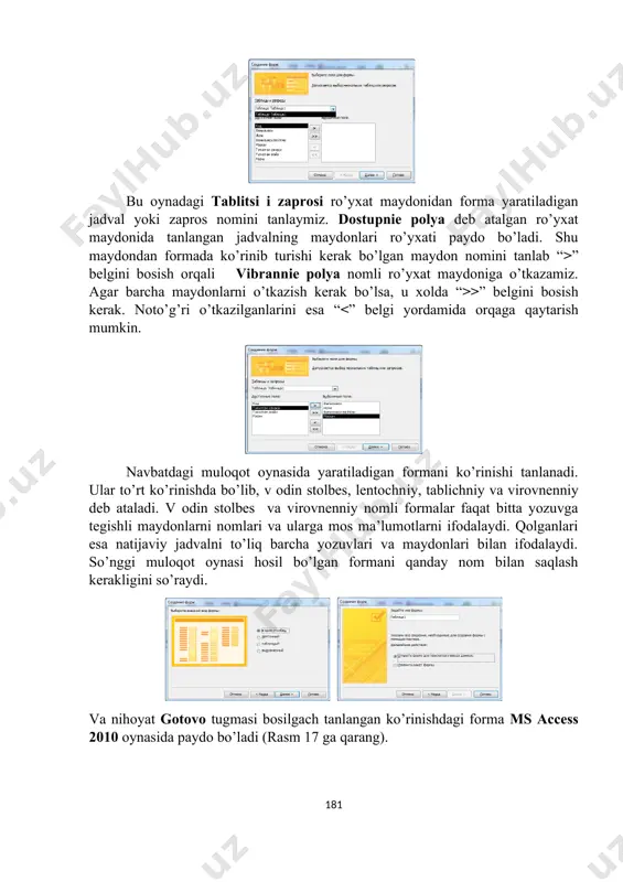 tish parametrli so’rov ishga tushirilganda maxsus oynacha ochilib (rasm 22) unda topilishi kerak bo’lgan ma’lumotni kiritish so’raladi. buning uchun zapros blankasining uslovie otbora qatorida ma’lumotlari topilishi kerak bo’lgan maydonga [] belgilar joylashtirilib uning ichiga izlanishi kerak bo’lgan ma’lumot mazmunini bildiruvchi so’z yozib qo’yidadi, masalan: familiyasi nomli maydon bo’lsa, [familiyani kiriting] kabi. yodingizda bo’lsin, [] ichiga maydon nomi bilan aynan bir xil yozuv joylashtirmang, aks holda so’rov ishamaydi, ya’ni so’rov natijasida barcha ma’lumotlar xatto so’ralmaganlari xam chiqaveradi. chunki maxsus oynacha ochilmaydi. biroq bu holda so’ralgan ma’lumotni aynan to’liq va to’g’ri kiritish kerak bo’ladi, aks holda natija sifatida bo’sh jadval chiqadi. agar [] belgilar o’rniga like[] qo’yilsa, u holda qidirilayotgan ma’lumotni xatto yuqorida keltirilgan andozalar asosida xam topish mumkin. like yordamida tashkil qilingan parametrli so’rov oynasida mantiqiy solishtirish va mantiqiy bog’lash amallarini yozish mumkin emas. ularning o’rniga *, ?, #, !, [], - belgilar ishlatiladi. misol: [a,b,r]* - a,b,r harflaridan boshlangan ma’lumotlarni …