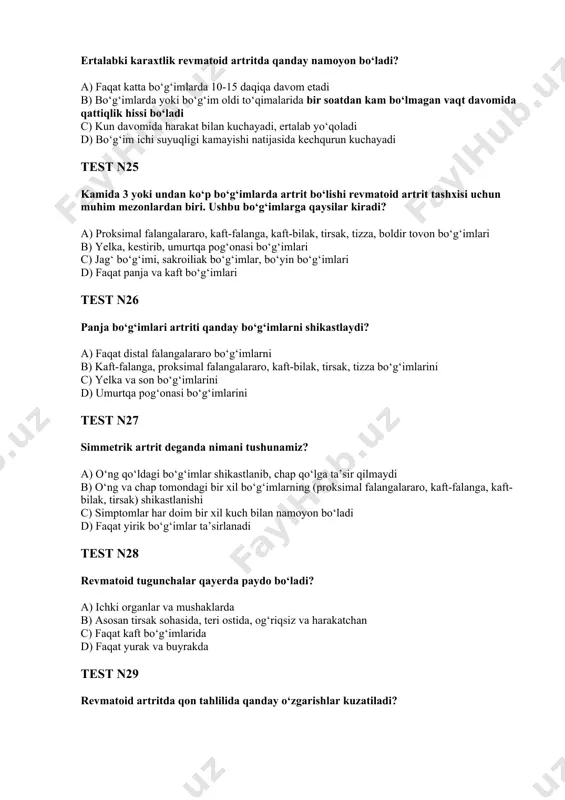 b) faqat bo‘g‘im ichida suyuqlik to‘planishi c) to‘liq deformatsiya va suyak yo‘qolishi d) rentgenologik o‘zgarishlar bo‘lmaydi test n31 minimal faollik (i) darajasida quyidagilardan qaysi biri kuzatilmaydi? a) o‘rtacha bo‘g‘im og‘rig‘i b) yaqqol visseral zararlanishlar c) echt – 20-30 mm/s gacha d) s-reaktiv protein (+) test n32 o‘rtacha faollik (ii) darajasida quyidagilardan qaysi biri kuzatilmaydi? a) bo‘g‘im og‘riqlari faqat harakat paytida kuzatiladi b) tana harorati subfebril (gohida 38°c gacha) c) s-reaktiv protein ikkita plyus (++) d) echt 40 mm/s gacha test n33 yuqori faollik (iii) darajasida kuzatiladigan asosiy belgilar qaysilar? a) bo‘g‘im og‘rig‘i va ertalabki karaxtlik qisqa davom etadi, tana harorati doimiy ravishda pasaygan bo‘ladi b) doimiy kuchli bo‘g‘im og‘rig‘i, bo‘g‘im harakatchanligining sezilarli chegaralanishi, isitmalash (38°c va undan yuqori) c) echt 20 mm/s dan past, leykotsitopeniya, revmatoid omil manfiy d) tana harorati har doim me’yorida, bo‘g‘imlar hech qachon deformatsiyalanmaydi test n34 i darajali funksional yetishmovchilikda bemorning mehnat qobiliyati qanday bo‘ladi? a) …