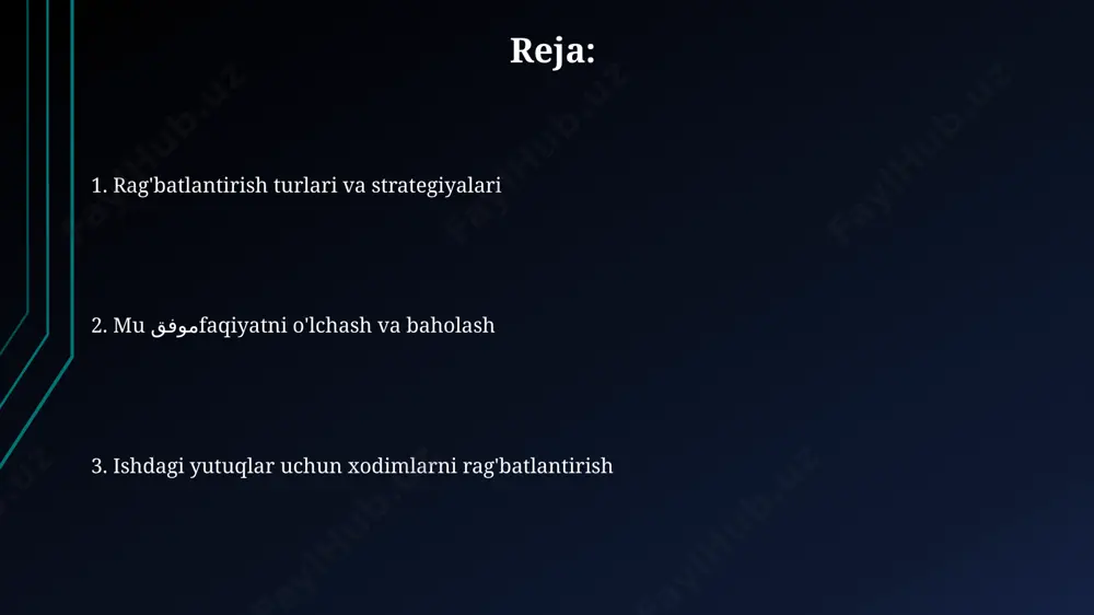 a erishishga undaydi va kompaniya foydasini o'rtacha 15% ga oshiradi. xulosa pul bilan rag'batlantirish usullari komissiya: sotuv xodimlari uchun eng keng tarqalgan usul. har bir muvaffaqiyatli bitimdan, masalan, 2% dan 10% gacha komissiya to'lanadi. aksiya variantlari: kompaniyaning aksiyalarini arzon narxda sotib olish huquqi beriladi. 3-5 yildan so'ng aksiyalar narxi oshsa, xodim foyda ko'radi. rag'batlantirishni o'lchash va baholash rag'batlantirishni o'lchash va baholash ishlab chiqarish o'sishini baholash uchun 10% lik o'sish ko'rsatkichiga erishilganini kuzatish, sotuvlar hajmi o'sishi va xarajatlarni kamaytirish kabi kpi'lardan foydalanish mumkin. e'tiboringiz uchun rahmat @taqdimot_robot image1.jpg image2.jpg image3.jpg image4.jpg image5.jpg image6.jpg image7.jpg image8.jpg