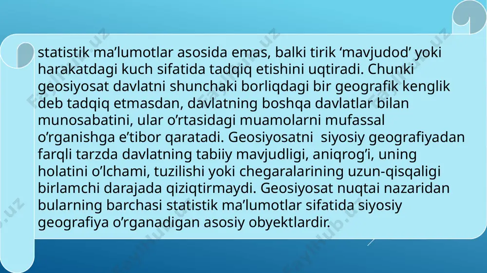 hakillangandan to xv asr o’rtalarigacha bo’lgan davr. 2. x.kolumb davri. xv asr oxiridan xx asr boshigacha bo’lgan davr. bu davrda ‘ichki yarim oy’ ga mansub davlatlar hech qanday to’siqlarga uchramasdan yer sharining boshqa hududlaridagi davlatlarni o’zlariga qaram qilishga urinishgan. mustamlakachilik siyosatlar orasida metropoliya va koloniyalar shakllangan. 3. x.kolumbdan keyingi davr. xx asr boshlaridan to hozirgi kungacha bo’lgan davr. bu davrda bosib olinmagan yoki egallanmagan hududlar qolmagan. mavjud siviliatsiyalar turmush tarzi takomillashib borishi va ular o’rtasida to’qnashuvlar. ya’ni to’qnashuvlar asosida yer munosabatlari, undan foydalanish va shu kabilar muhim vosita hisoblanadi image1.jpg image2.jpg image3.jpg image4.jpg image5.jpg image6.jpg image7.jpg image8.jpg image9.jpg /docprops/thumbnail.jpeg
