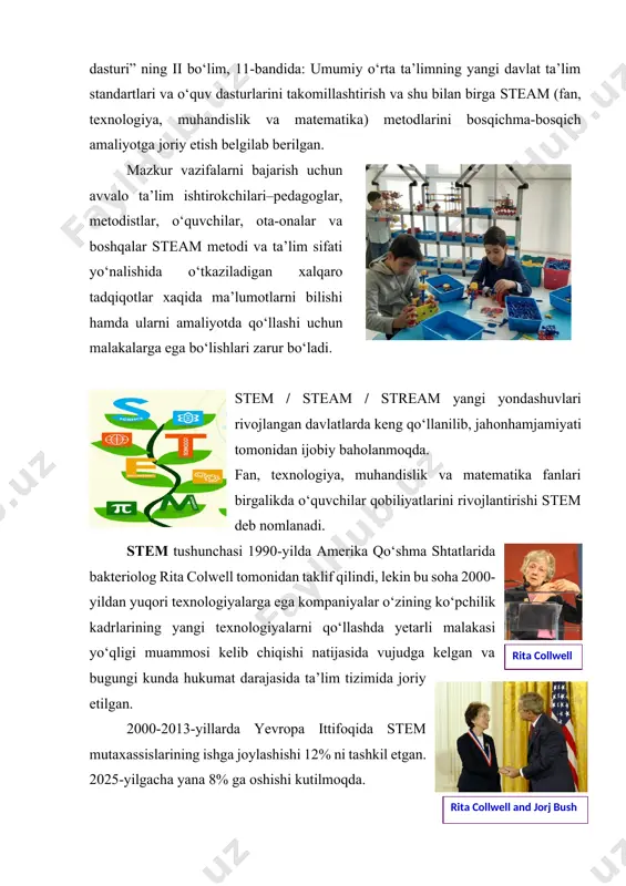 takchi mamlakatlarida davlat darajasida joriy etilgan hamda bu yo‘nalishda “in genious”, “mascil”, “instem”, “mind the gap”, “er4stem” va “nyuton – al-farabi” kabi xalqaro loyihalar amalga oshirilgan. hattoki stem bo‘yicha har yili xalqaro olimpiada o‘tkaziladi. 2. steam ta’limi nima? steam (science-fan, technology-texnologiya, engineering-muhandislik, art-san’at mathematics-matematika ) ta’limi - bu -real hayot talablaridan kelib chiqqan holda akademik ilmiy-texnikaviy konsepsiya doirasida integratsiyalashgan holda o‘qitishdir. integratsiyalashgan ta’limni joriy etishdan ko‘zlangan maqsad – bu ta’lim jamiyat, ish va dunyoni bir butun holda tasavvur etish va ular o‘rtasida barqaror aloqa o‘rnatish; o‘quvchilarda tabiatni butun bir borliq sifatida, olamning yagona manzarasini anglashi, ekologik muammolarni tushunishi hamda tabiiy resurslardan oqilono foydalanish ko‘nikmalarini, tabiat va jamiyat taraqqiyotiga o‘z hissasini qo‘sha oladigan kompetent shaxsni tarbiyalash; steam ta’limi tabiiy va iqtisodiy fanlar yo‘nalishida o‘quvchilarning egallagan bilim, ko‘nikma va malakalarini kundalik hayot bilan bog‘liqligini ko‘rsatishda dars va sinfdan tashqari mashg‘ulotlarda o‘quv tadqiqotlarini o‘tkazish, tajribalarni bajarish, loyihalashtirishga yo‘naltirilgan ijodkorligini tarbiyalash, yangiliklar yaratishga bo‘lgan …